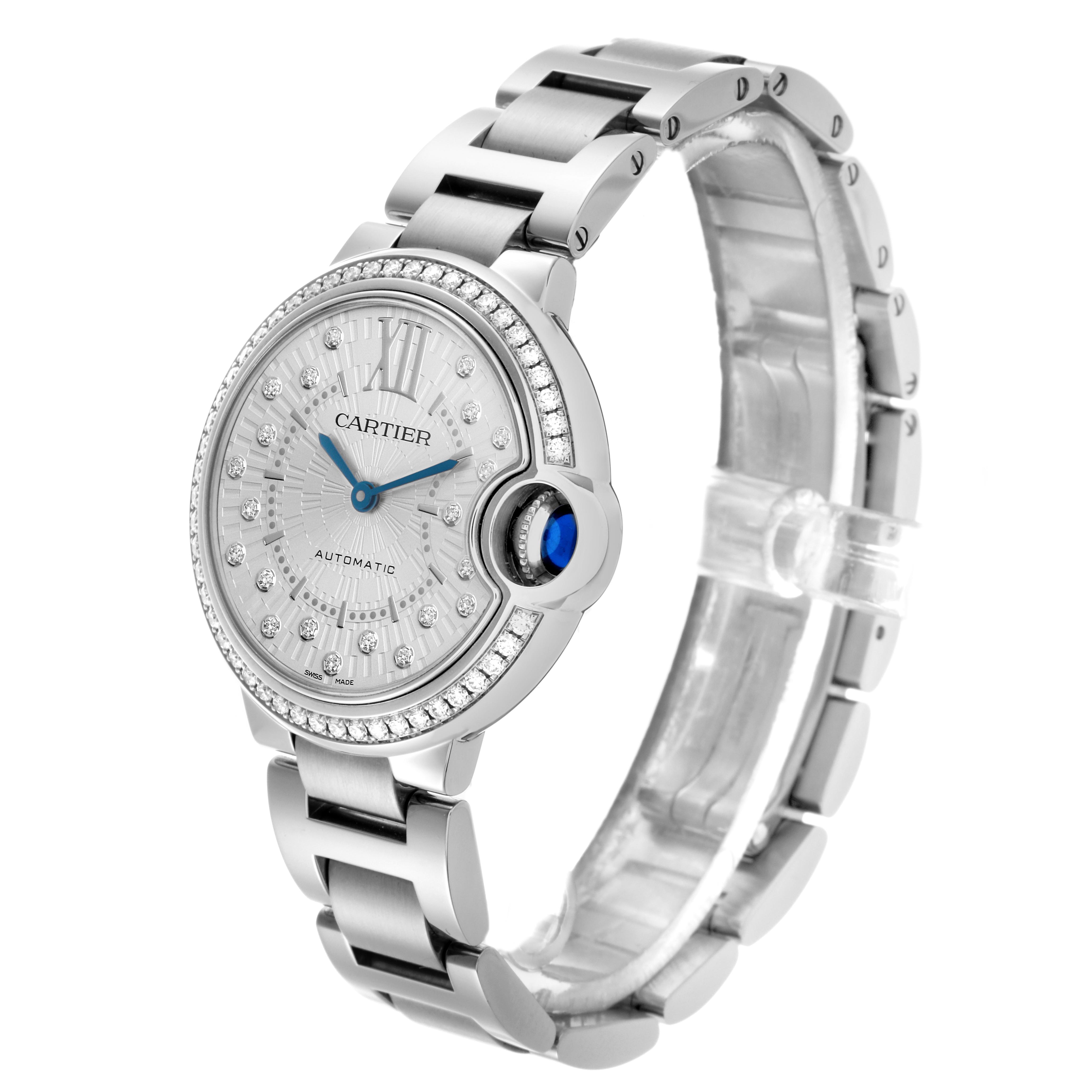The Cartier Ballon Bleu W4BB0035 Women's Stainless Steel Silver Dial W4BB0035 Women's Stainless Steel Silver Dial watch is shown at a three-quarter angle, displaying the face, bezel, and bracelet.