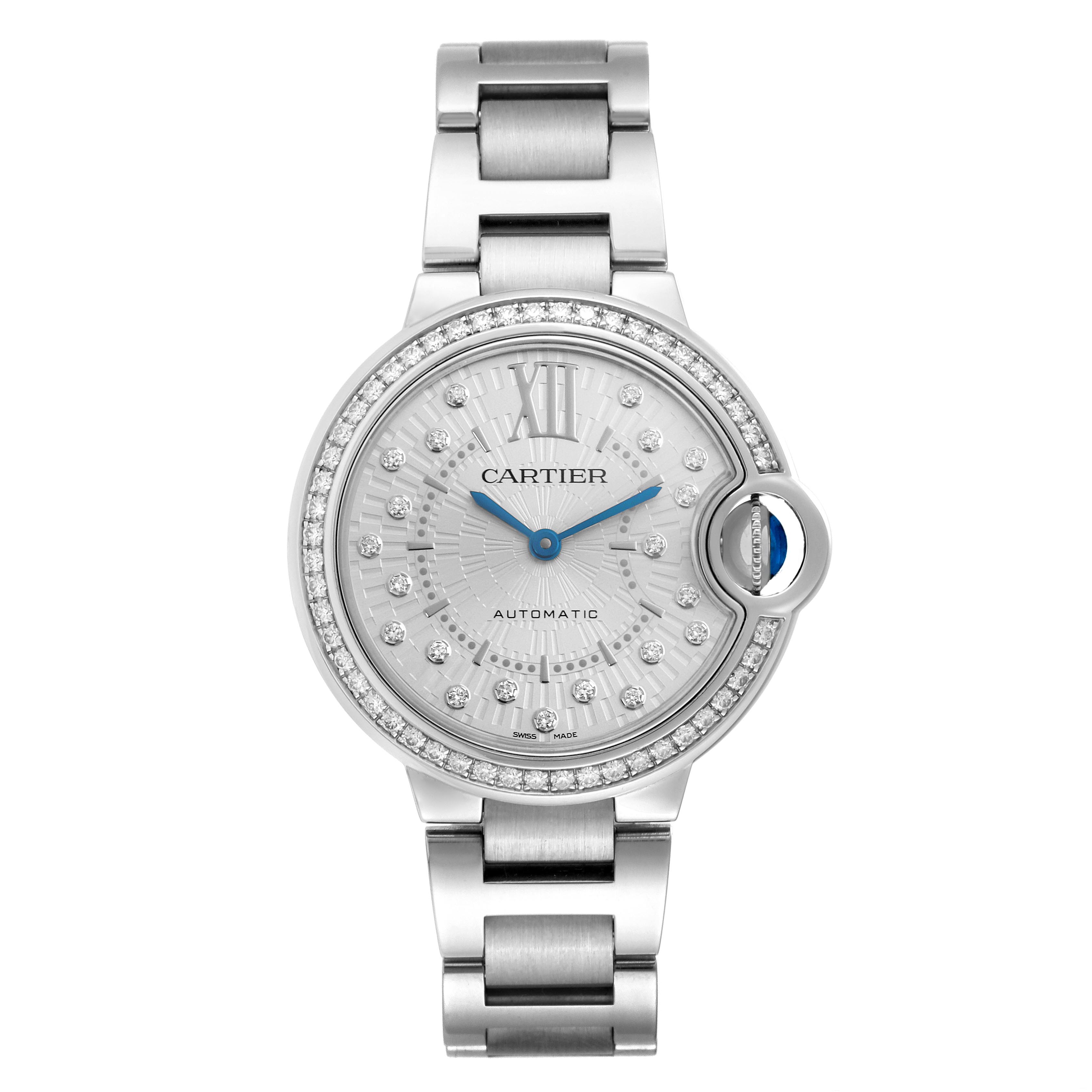 The Cartier Ballon Bleu W4BB0035 Women's Stainless Steel Silver Dial W4BB0035 Women's Stainless Steel Silver Dial watch is shown from a front angle, displaying its face and bracelet.