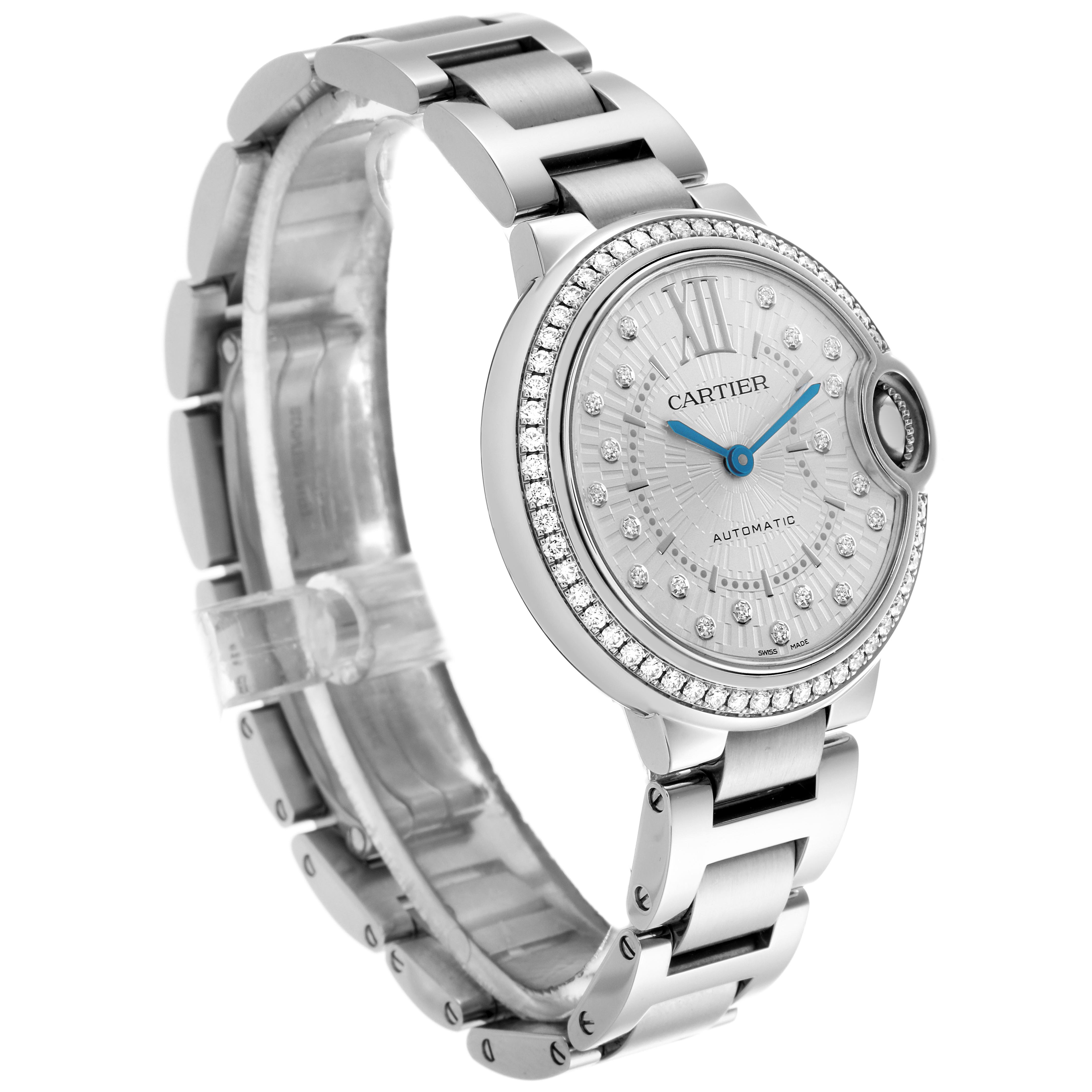 The Cartier Ballon Bleu W4BB0035 Women's Stainless Steel Silver Dial W4BB0035 Women's Stainless Steel Silver Dial watch is shown at a three-quarter angle, highlighting its diamond-studded bezel, dial, and metal bracelet.