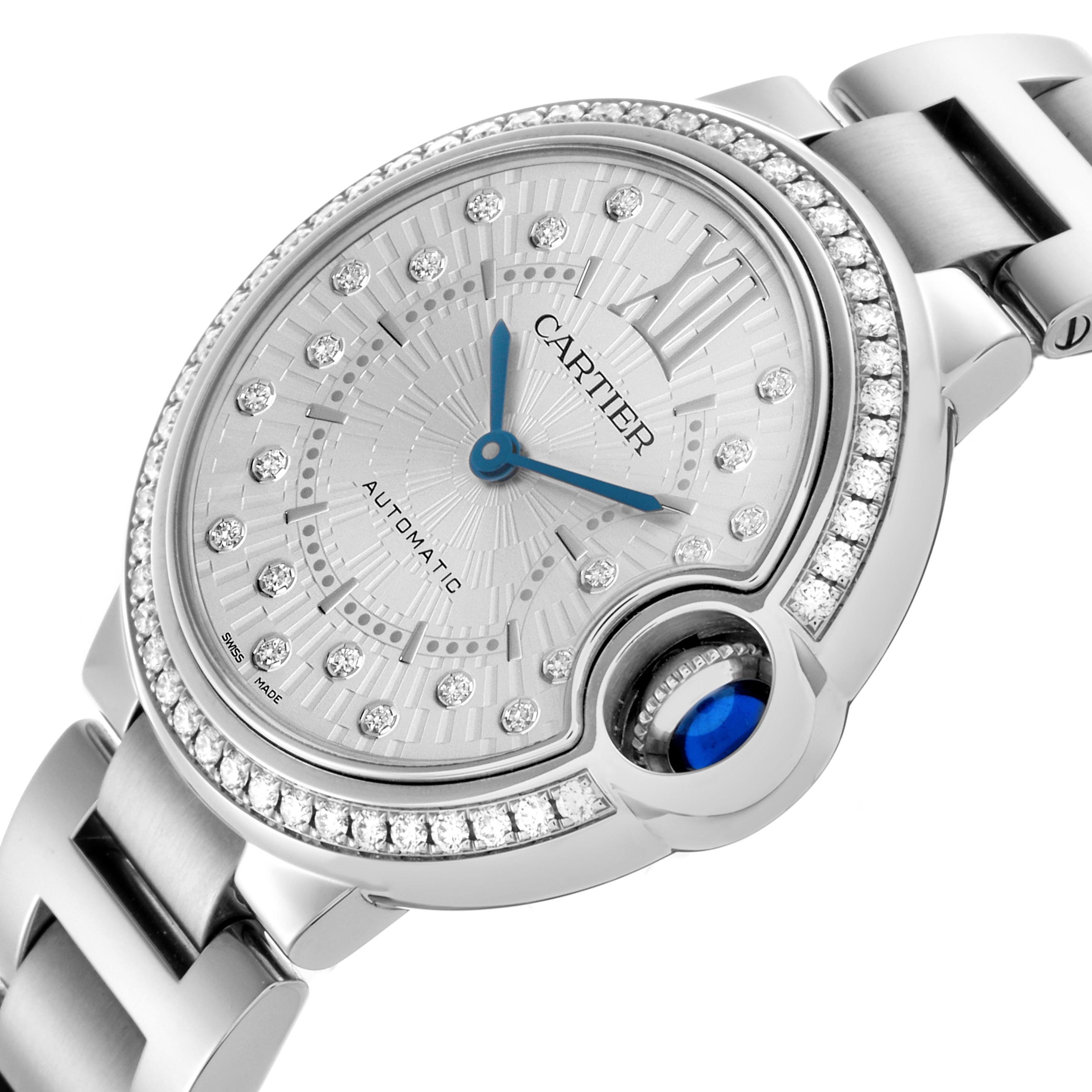 The Cartier Ballon Bleu W4BB0035 Women's Stainless Steel Silver Dial W4BB0035 Women's Stainless Steel Silver Dial watch is shown at an oblique angle, highlighting its round face, blue hands, diamond accents, and crown.