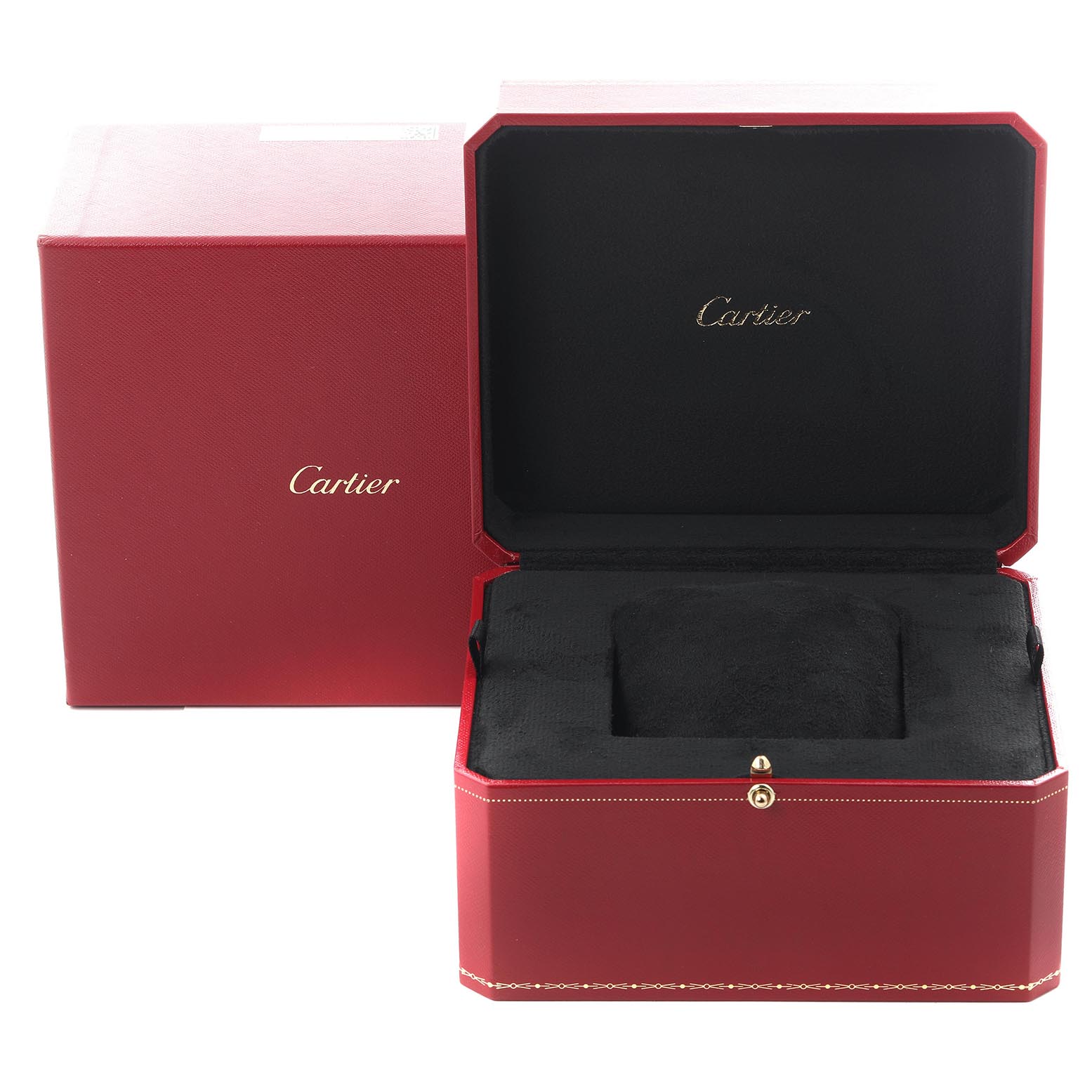 The image shows a red Cartier Ballon Bleu W4BB0035 Women's Stainless Steel Silver Dial W4BB0035 Women's Stainless Steel Silver Dial watch box, opened to reveal its black interior and cushion.
