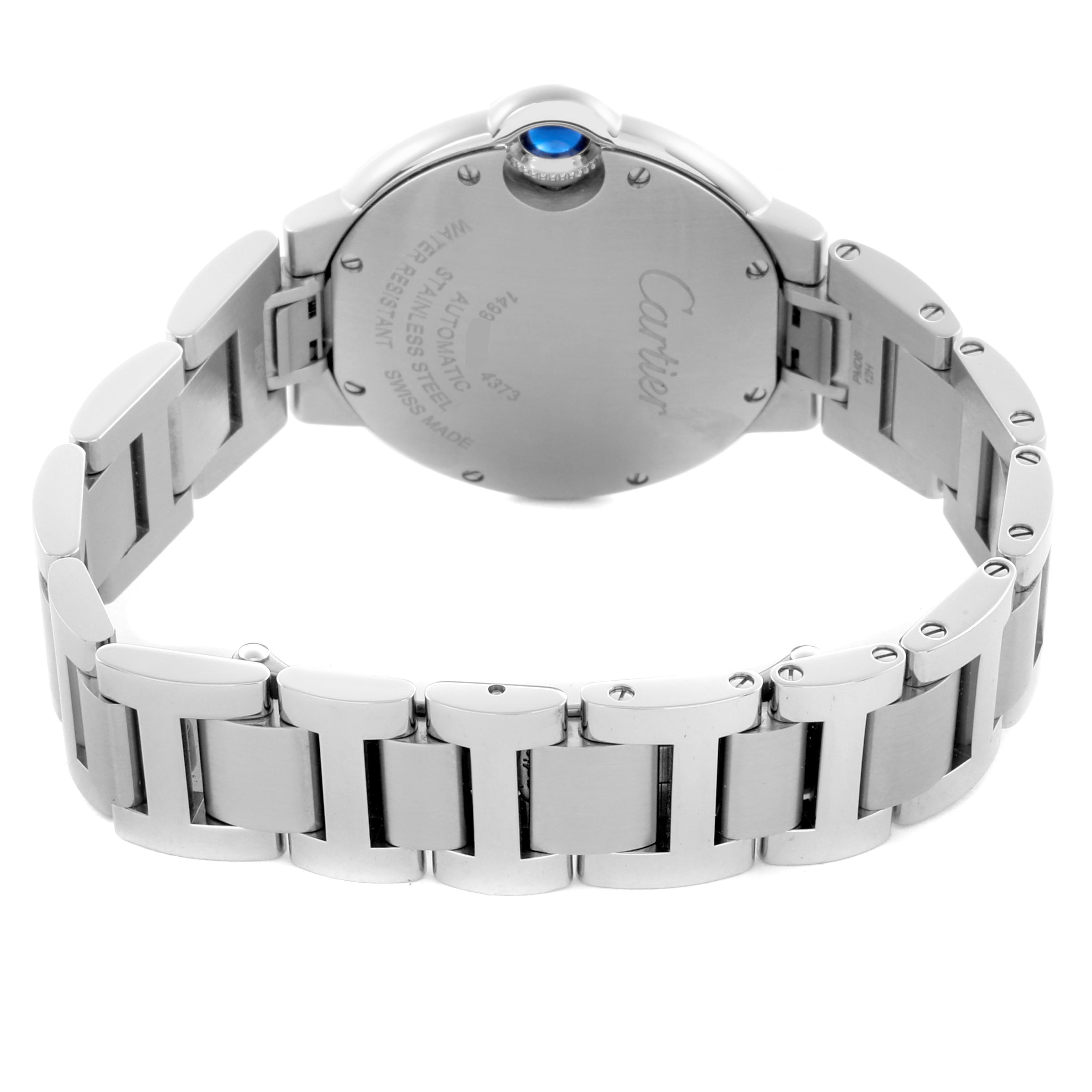 The Cartier Ballon Bleu W4BB0035 Women's Stainless Steel Silver Dial W4BB0035 Women's Stainless Steel Silver Dial watch is shown from the back, displaying the case back and stainless steel bracelet.