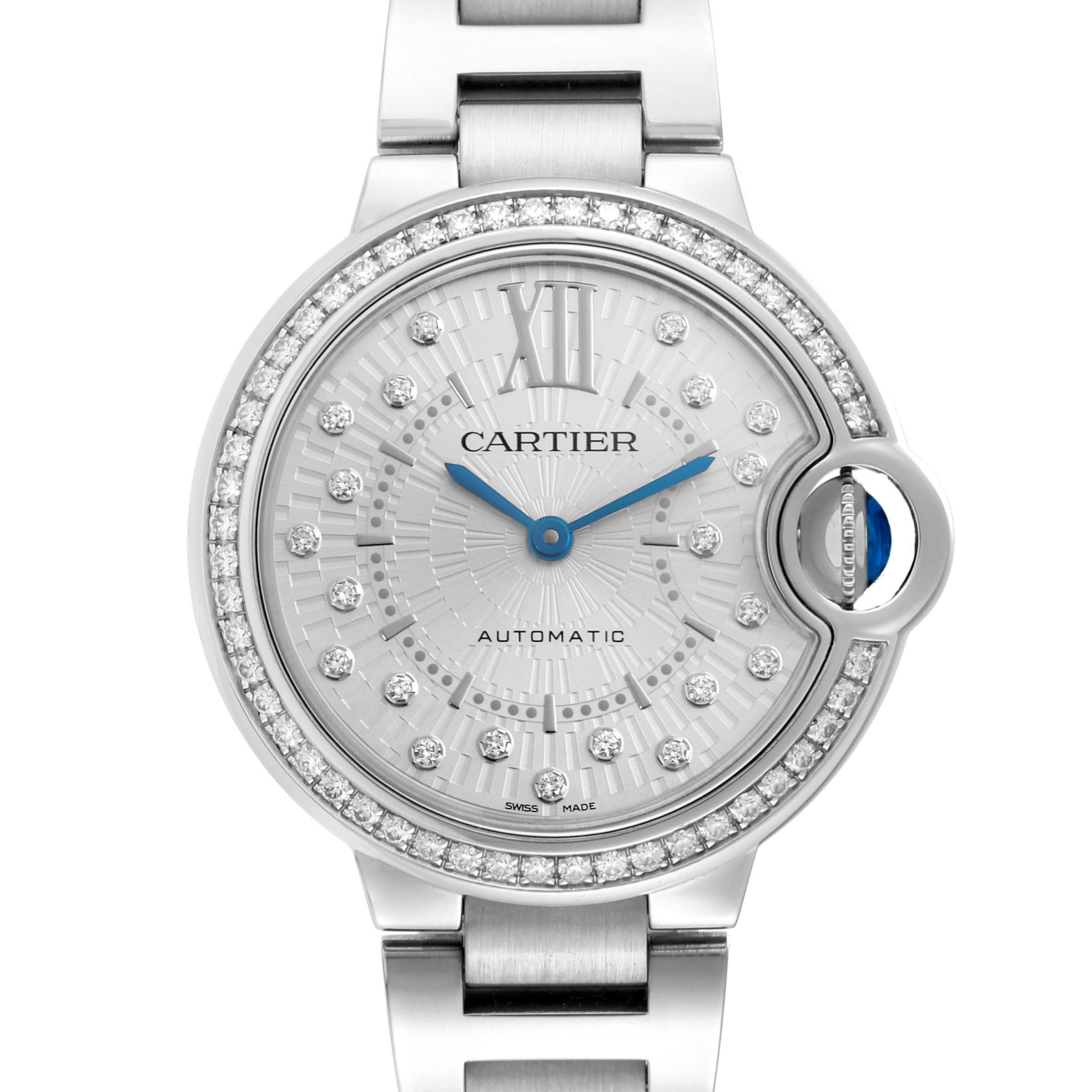 The Cartier Ballon Bleu W4BB0035 Women's Stainless Steel Silver Dial W4BB0035 Women's Stainless Steel Silver Dial watch is shown from a front angle, displaying the face, bezel, bracelet, and crown.