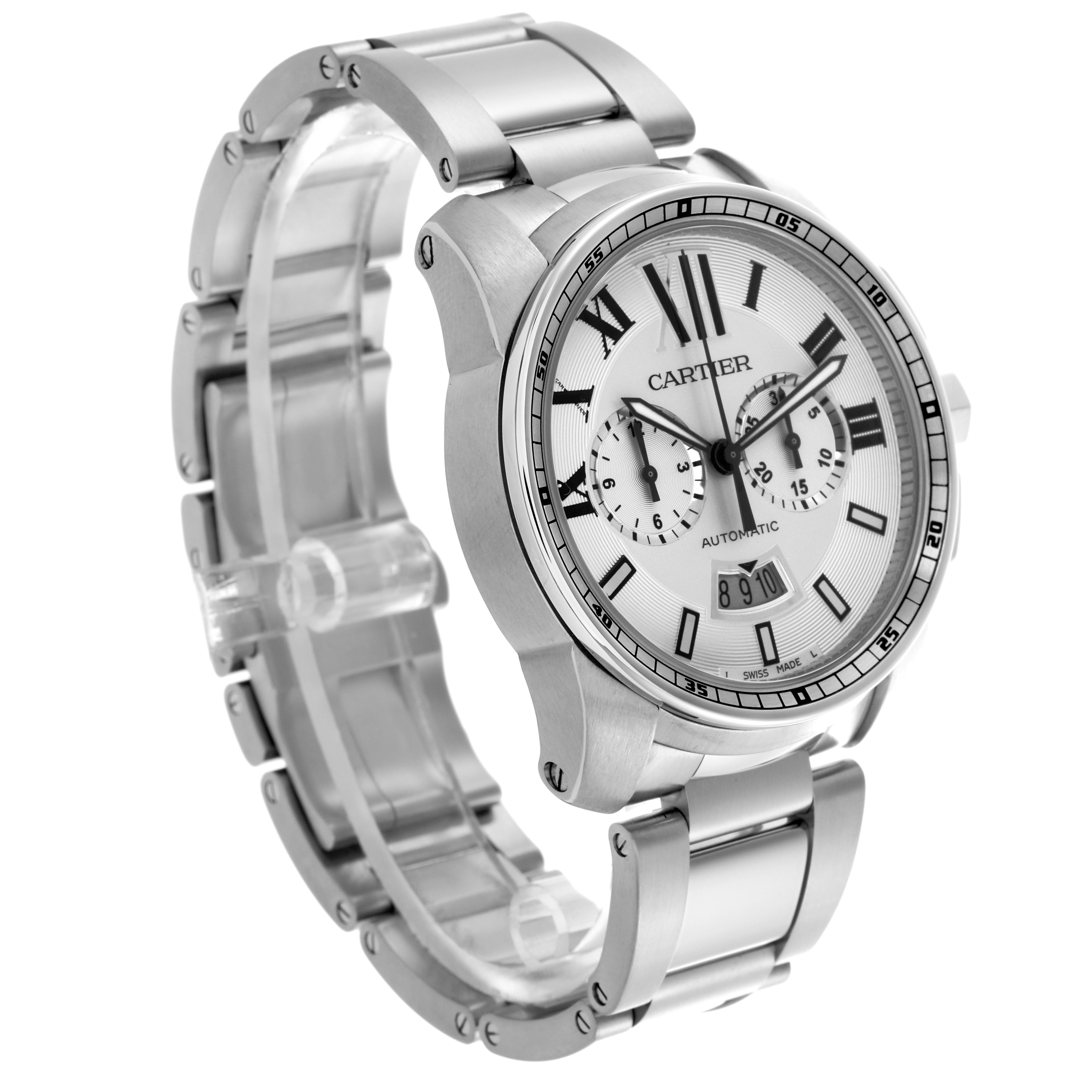 The Calibre de Cartier watch is shown at an angled front view, highlighting its face, bezel, and bracelet.