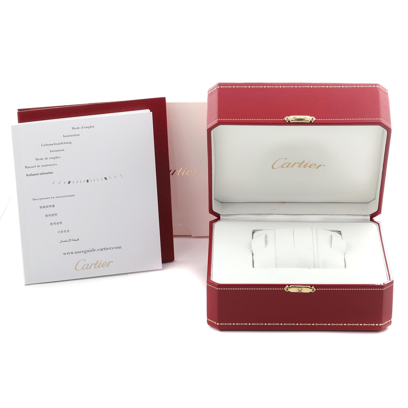 The image shows a Cartier Calibre de Cartier W7100036 Men's Steel and Gold (two tone) Silver Dial W7100036 Men's Steel and Gold (two tone) Silver Dial watch box and accompanying instruction manuals.