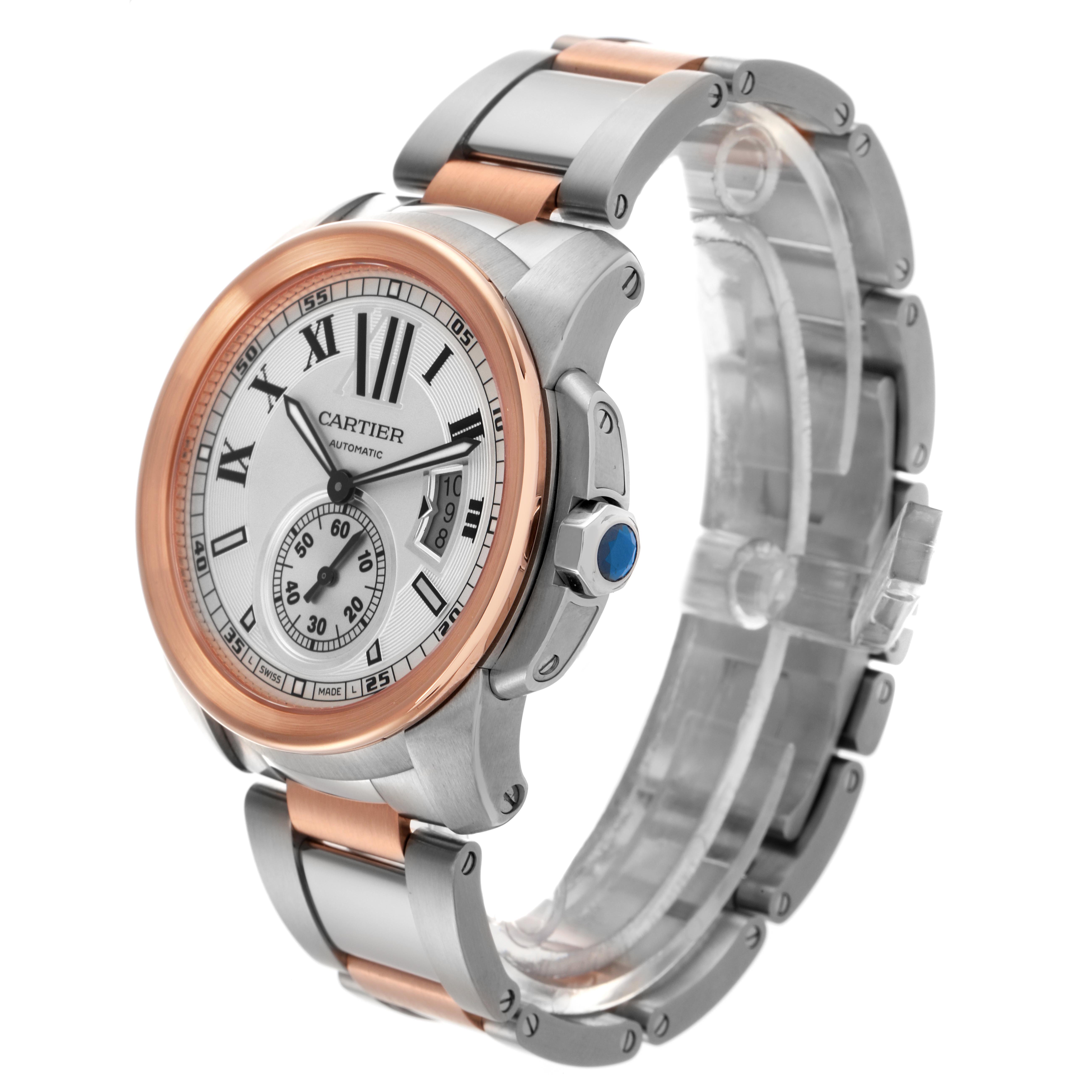 The image shows a side angle of the Calibre de Cartier watch, highlighting the dial, bezel, crown, and bracelet.