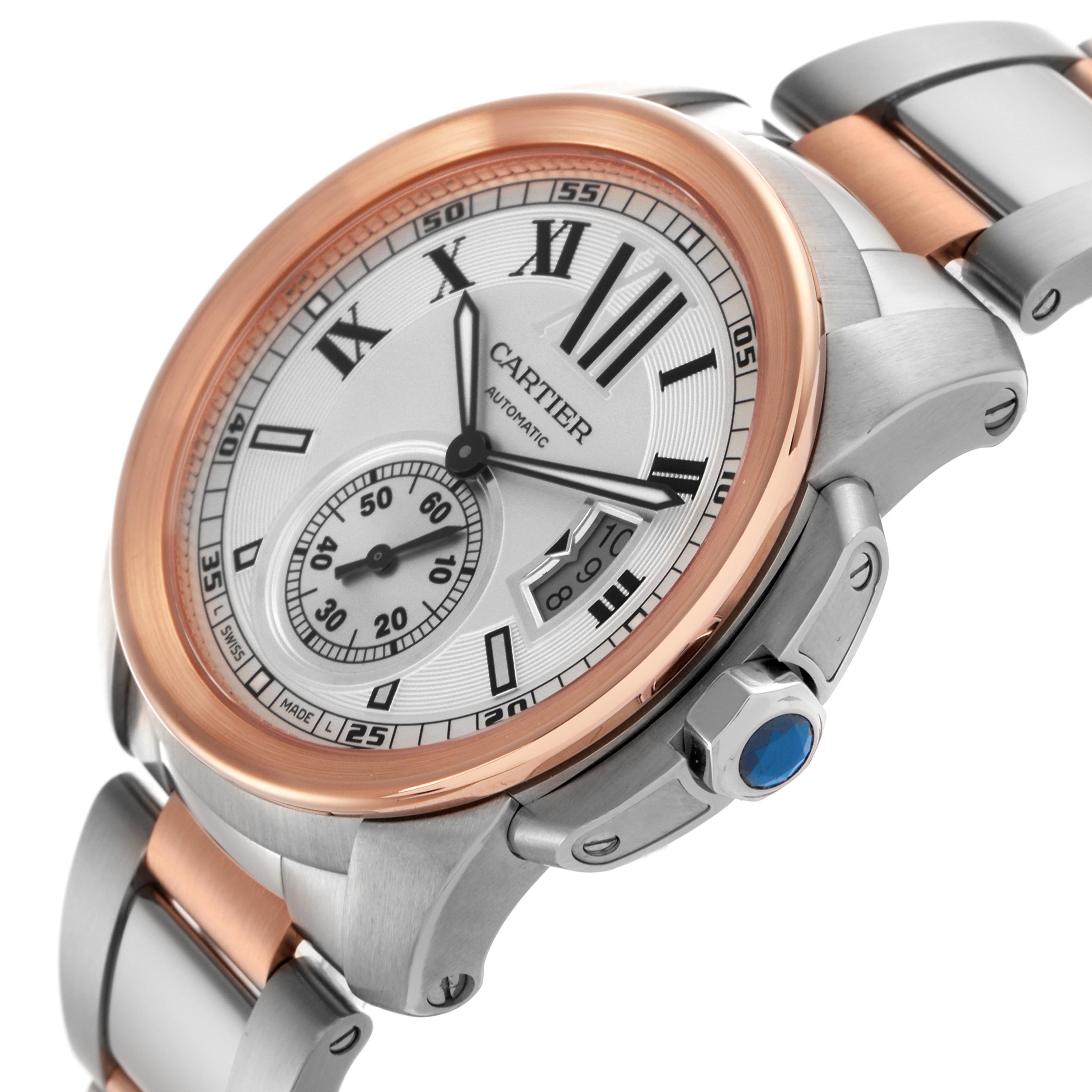 The Calibre de Cartier watch is shown at a three-quarter angle, highlighting the face, bezel, and part of the bracelet.
