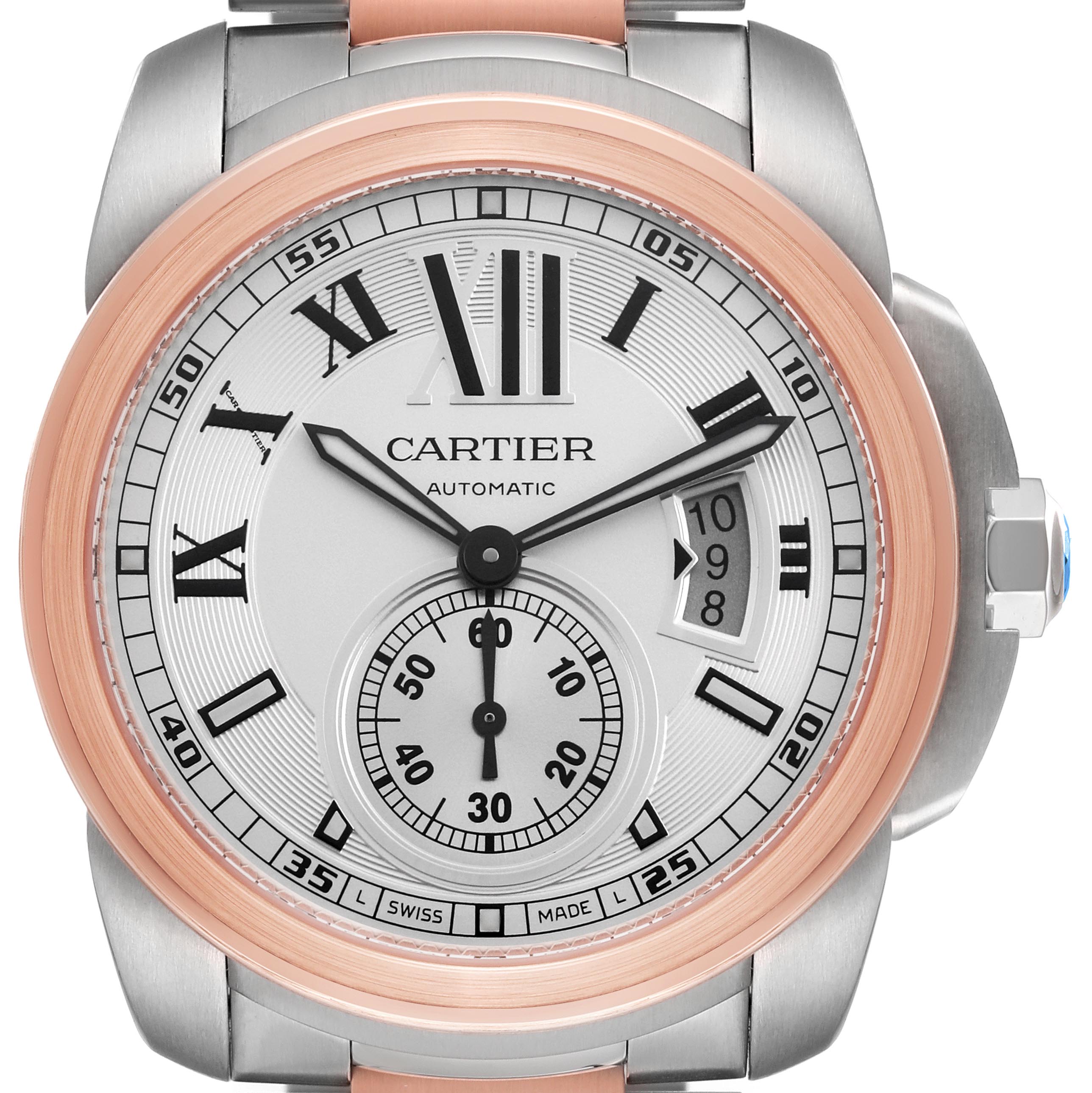 The image shows a front view of a Calibre de Cartier watch, highlighting the dial, bezel, and crown.