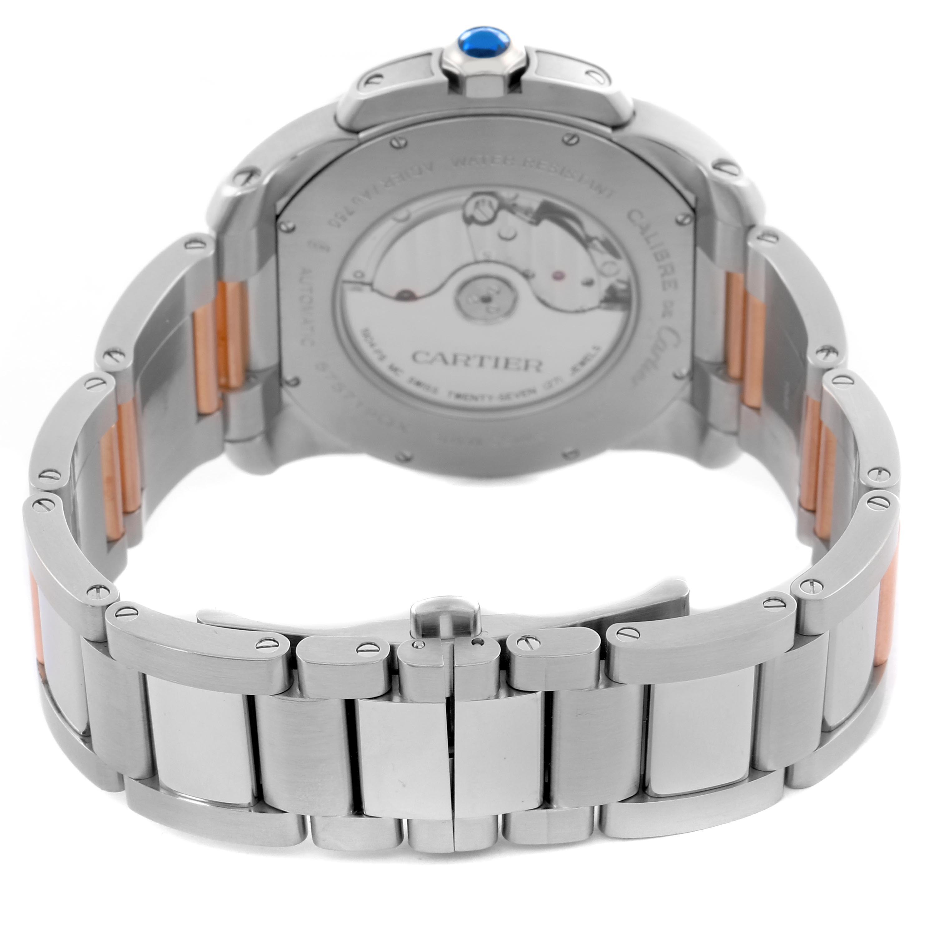 The image shows the back view of the Calibre de Cartier watch, focusing on the case back, bracelet, and clasp.