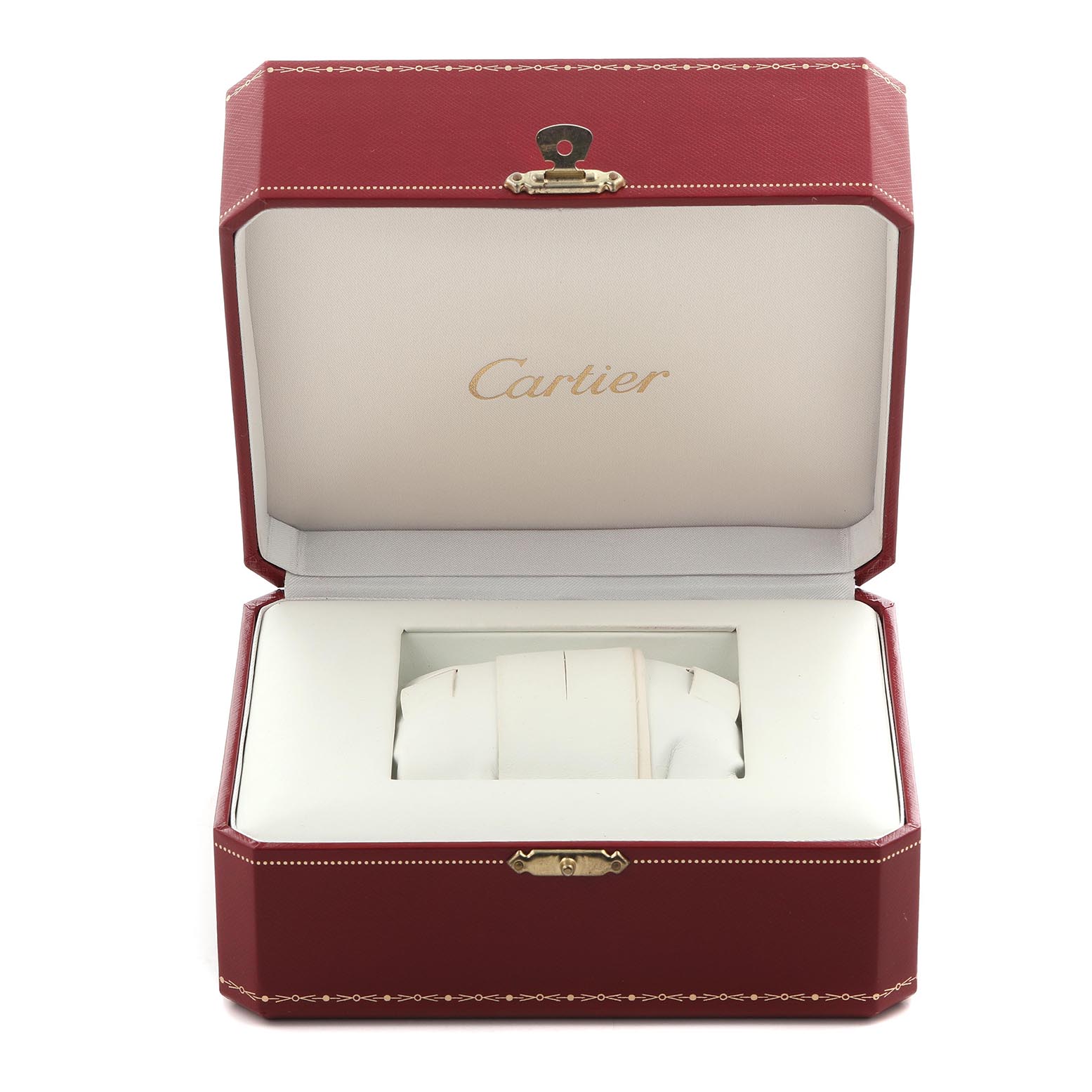 The image shows an open Cartier box for the Calibre de Cartier watch, viewed from the front, displaying the brand logo inside.