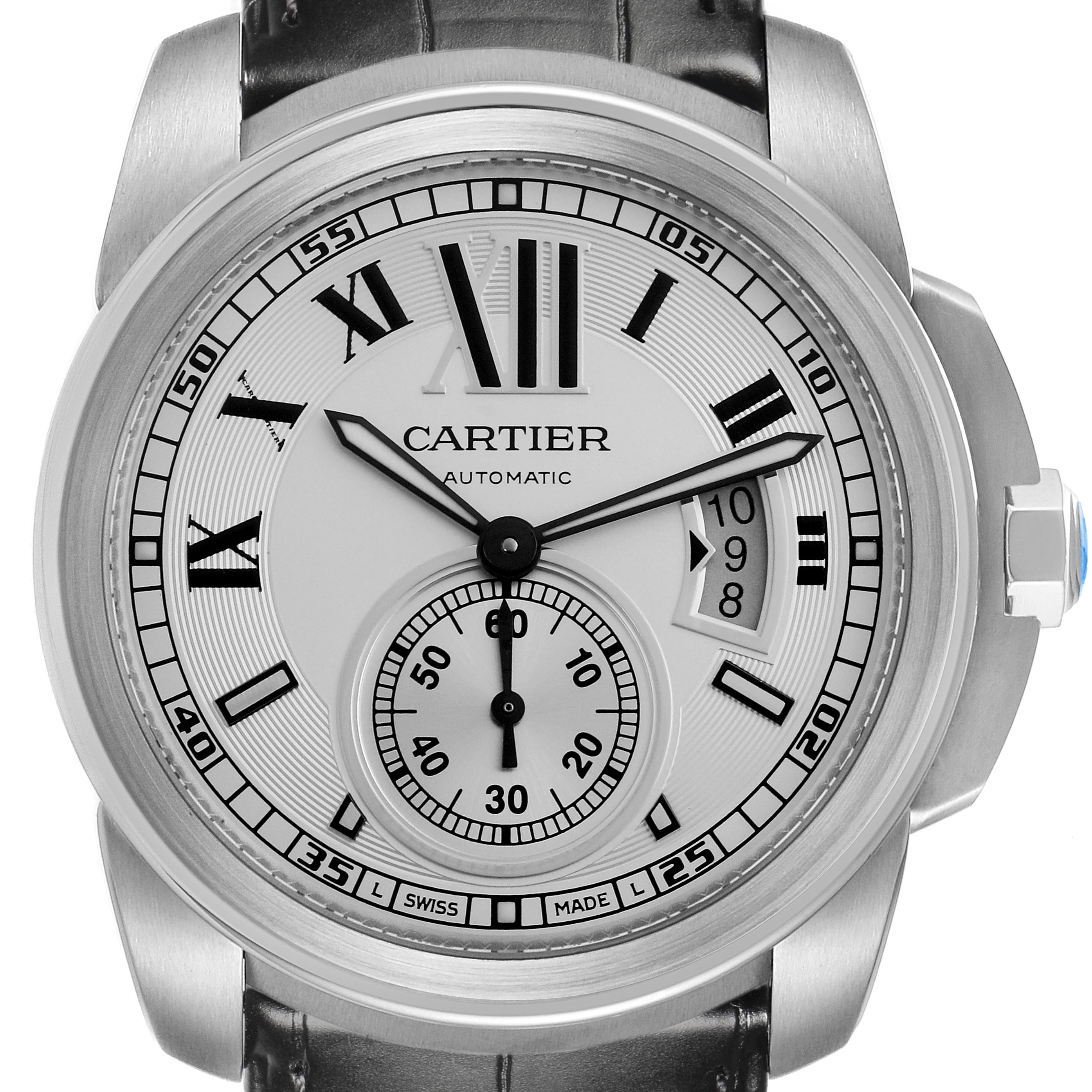The Calibre de Cartier watch is shown from the front, highlighting the dial, hands, date window, and leather strap.