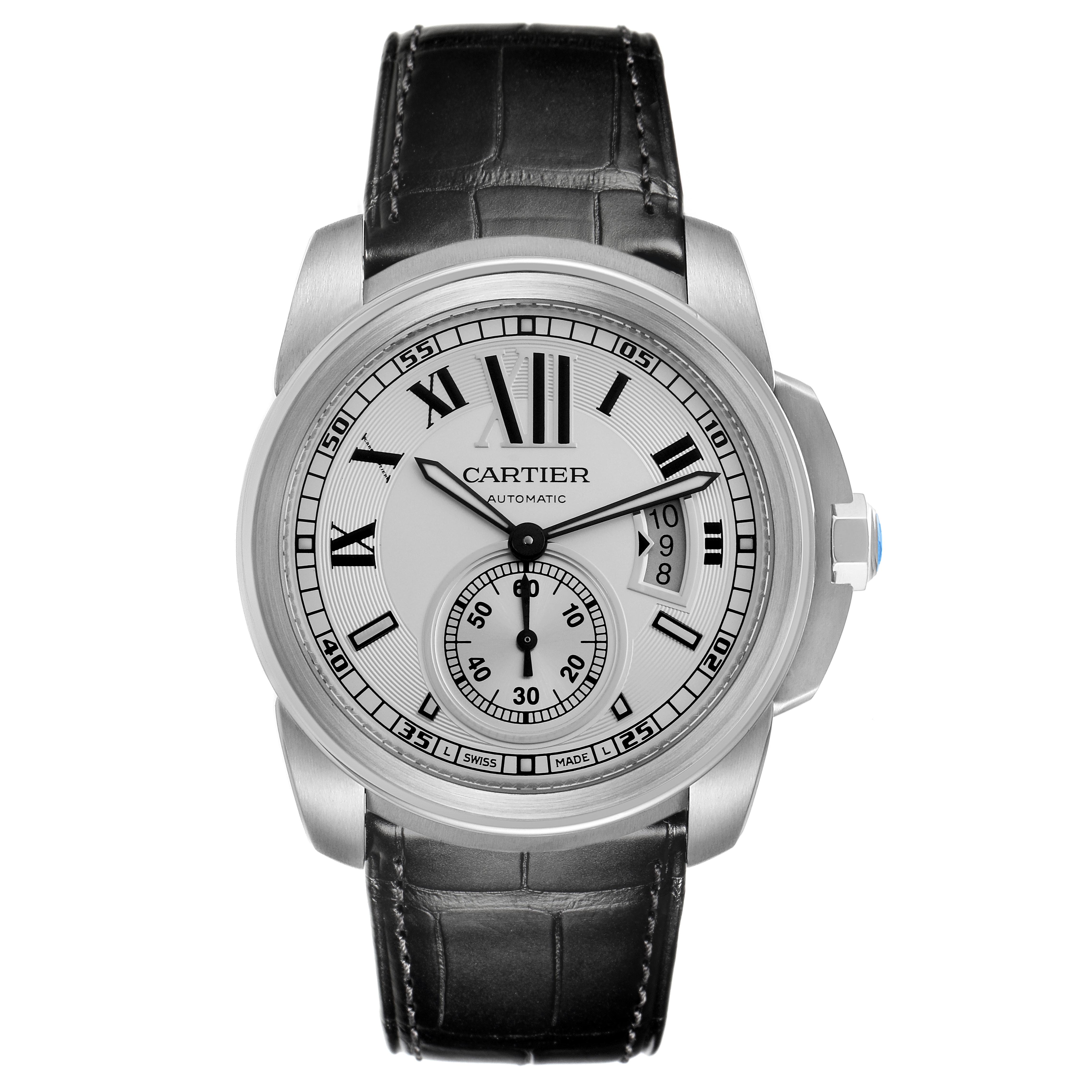 The Calibre de Cartier watch is shown from a front angle, highlighting its face, Roman numerals, subdial, and leather strap.