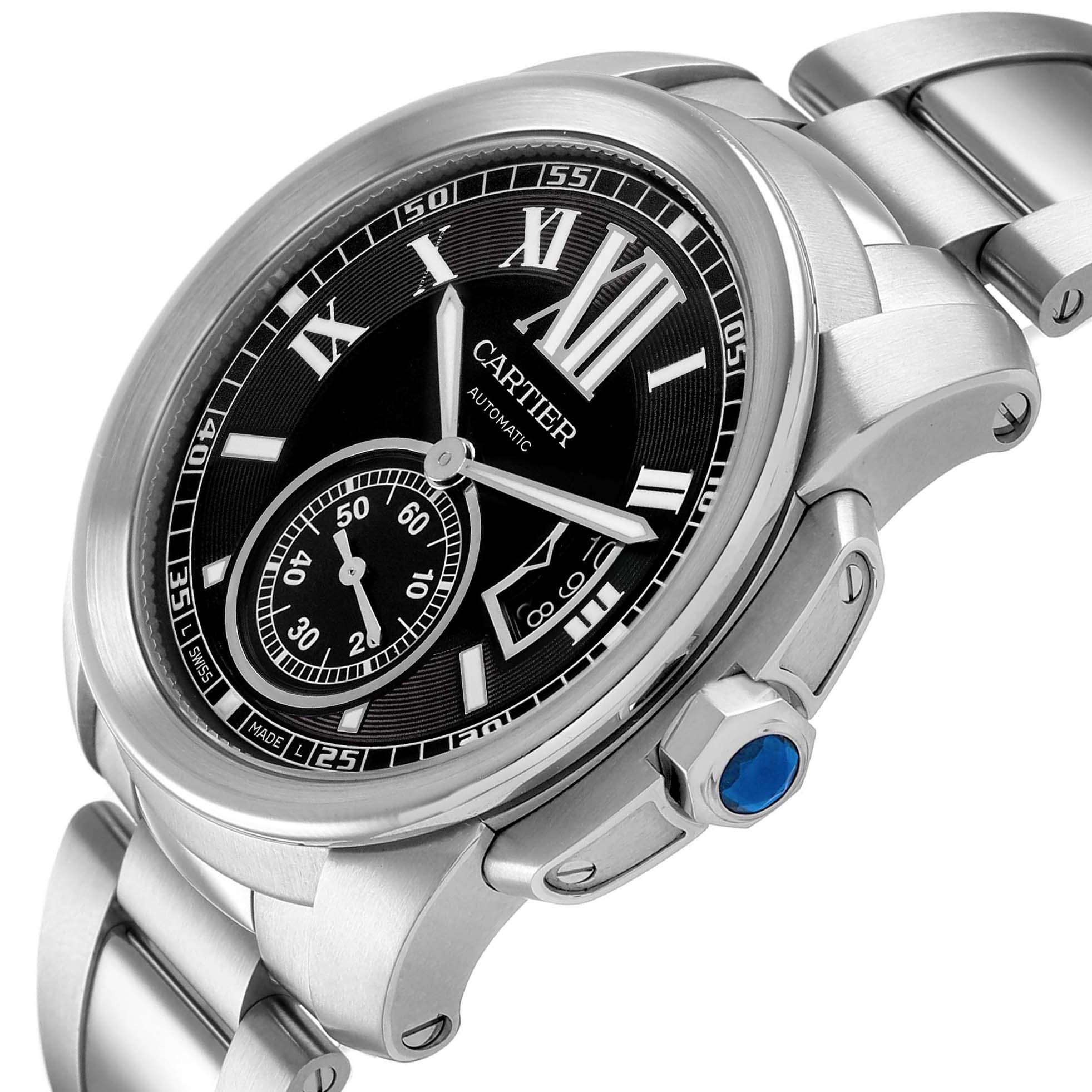 The image shows a Calibre de Cartier watch from a diagonal angle, highlighting the face, bezel, and side crown.