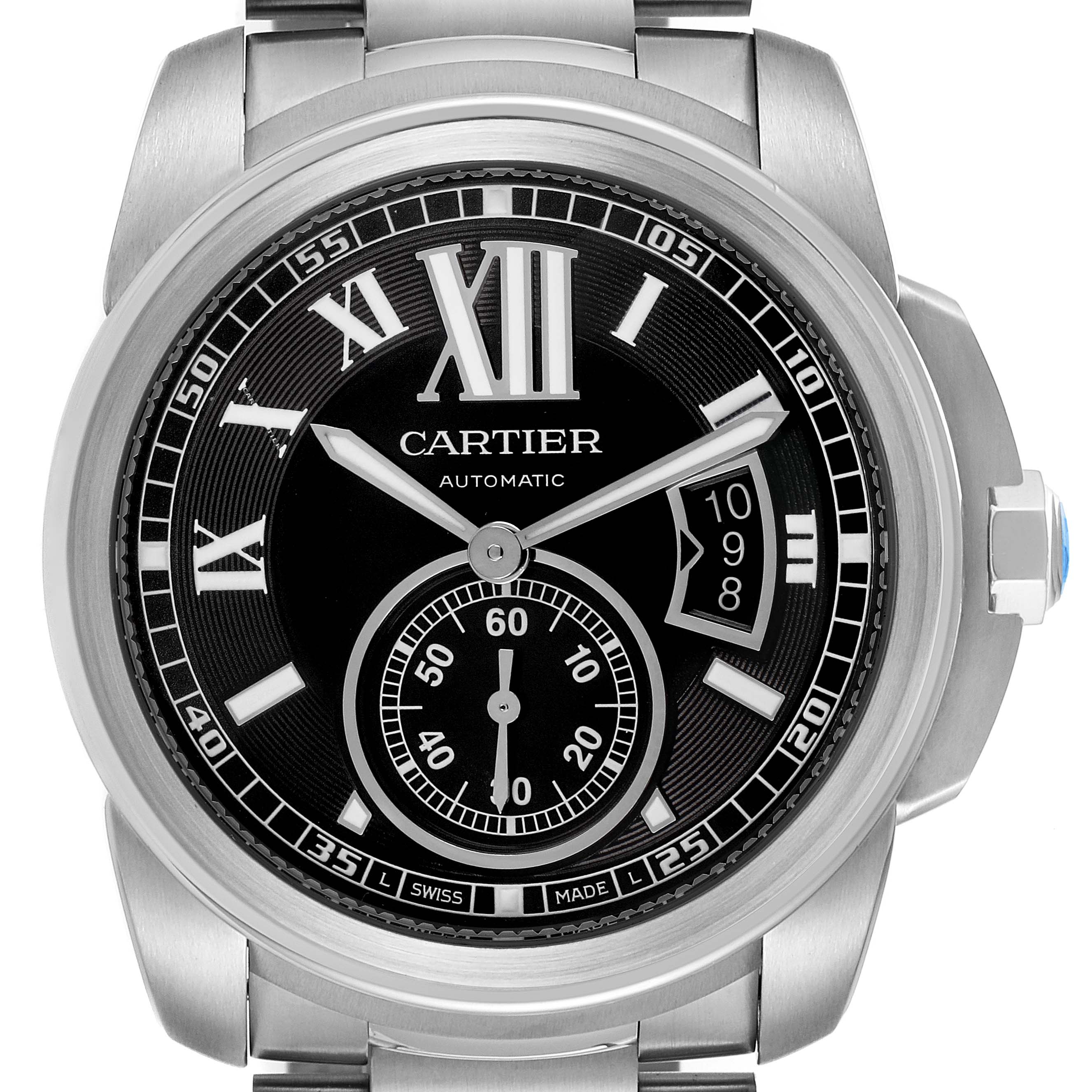 The Calibre de Cartier watch is shown from a front view, highlighting the dial, hands, date window, and part of the bracelet.