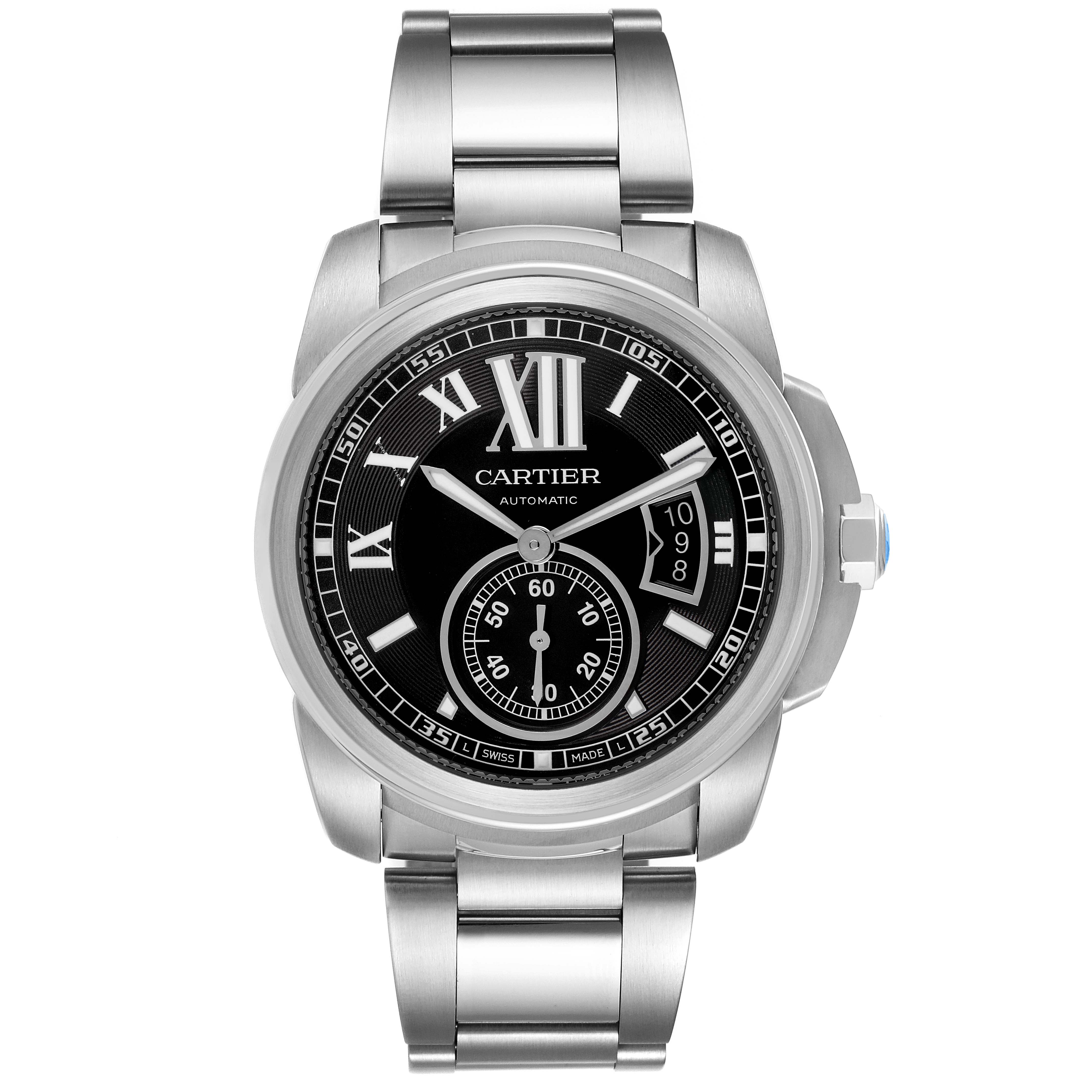 The image shows a frontal view of the Calibre de Cartier watch by Cartier, highlighting its face, bracelet, and crown.