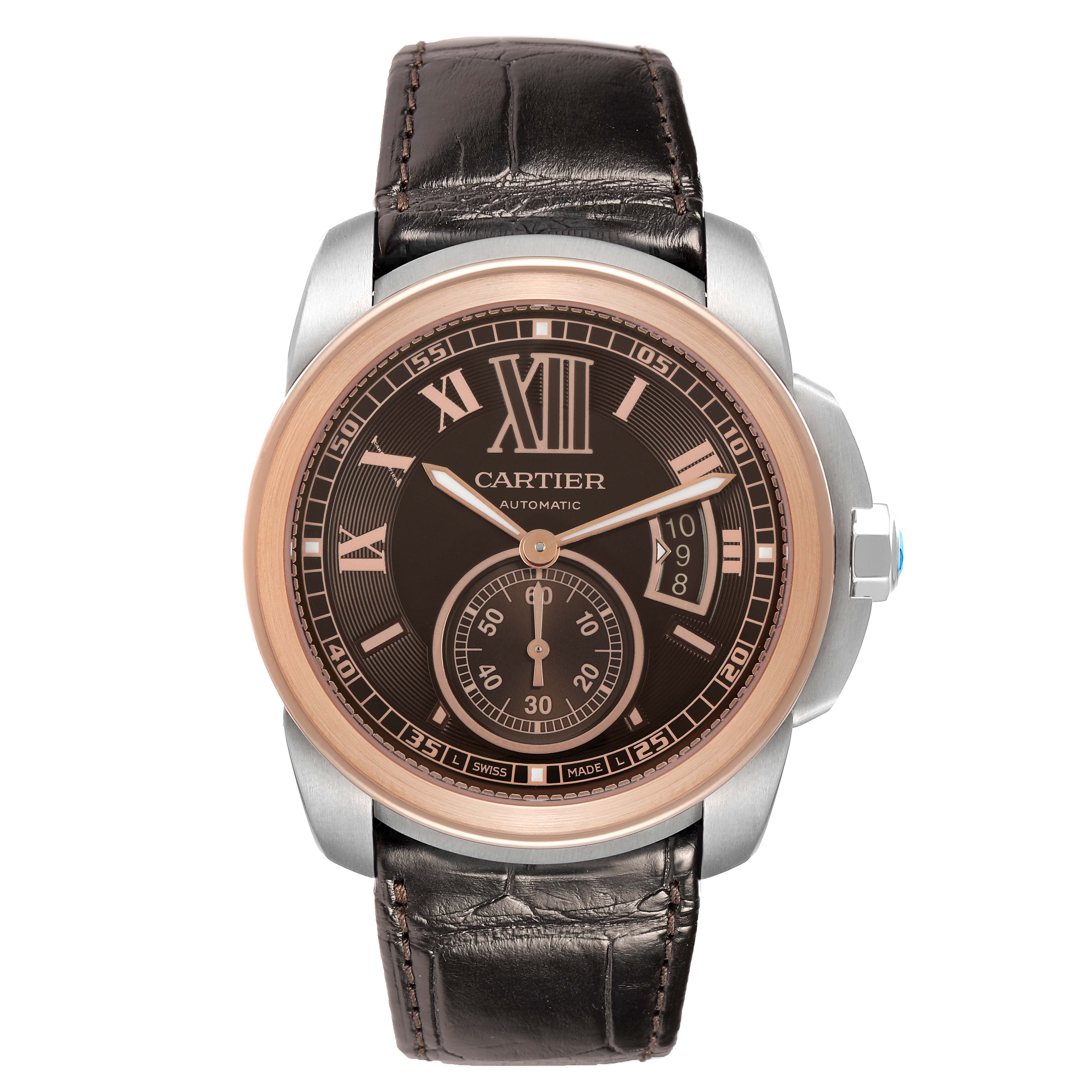 The watch is a Calibre de Cartier by Cartier, shown from a front angle displaying its face, bezel, and leather strap.