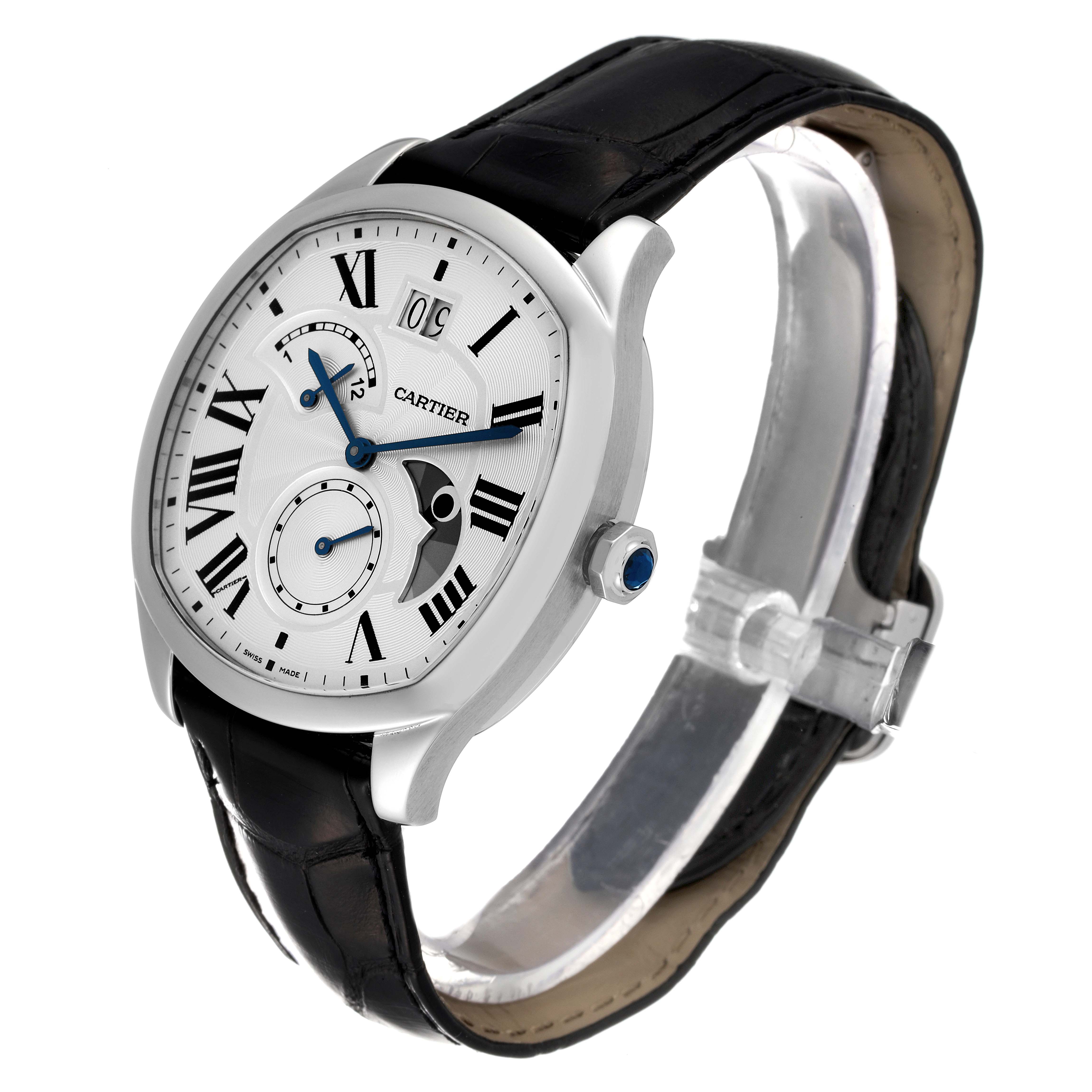 This image shows a Drive de Cartier watch by Cartier from a front angle, displaying the face, case, and strap.