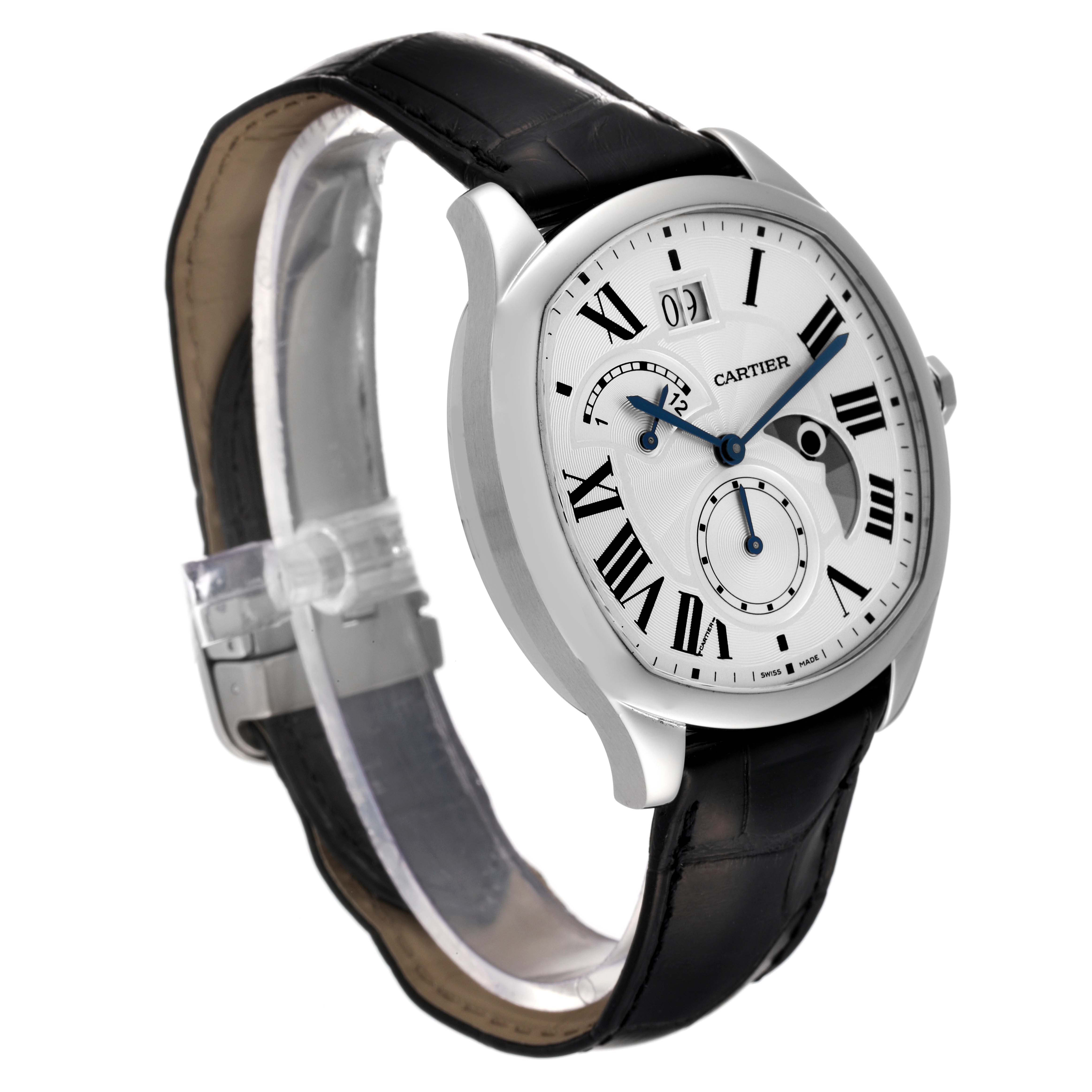 This image shows a Drive de Cartier watch by Cartier at an angled side view, highlighting its black leather strap, silver case, and dial.