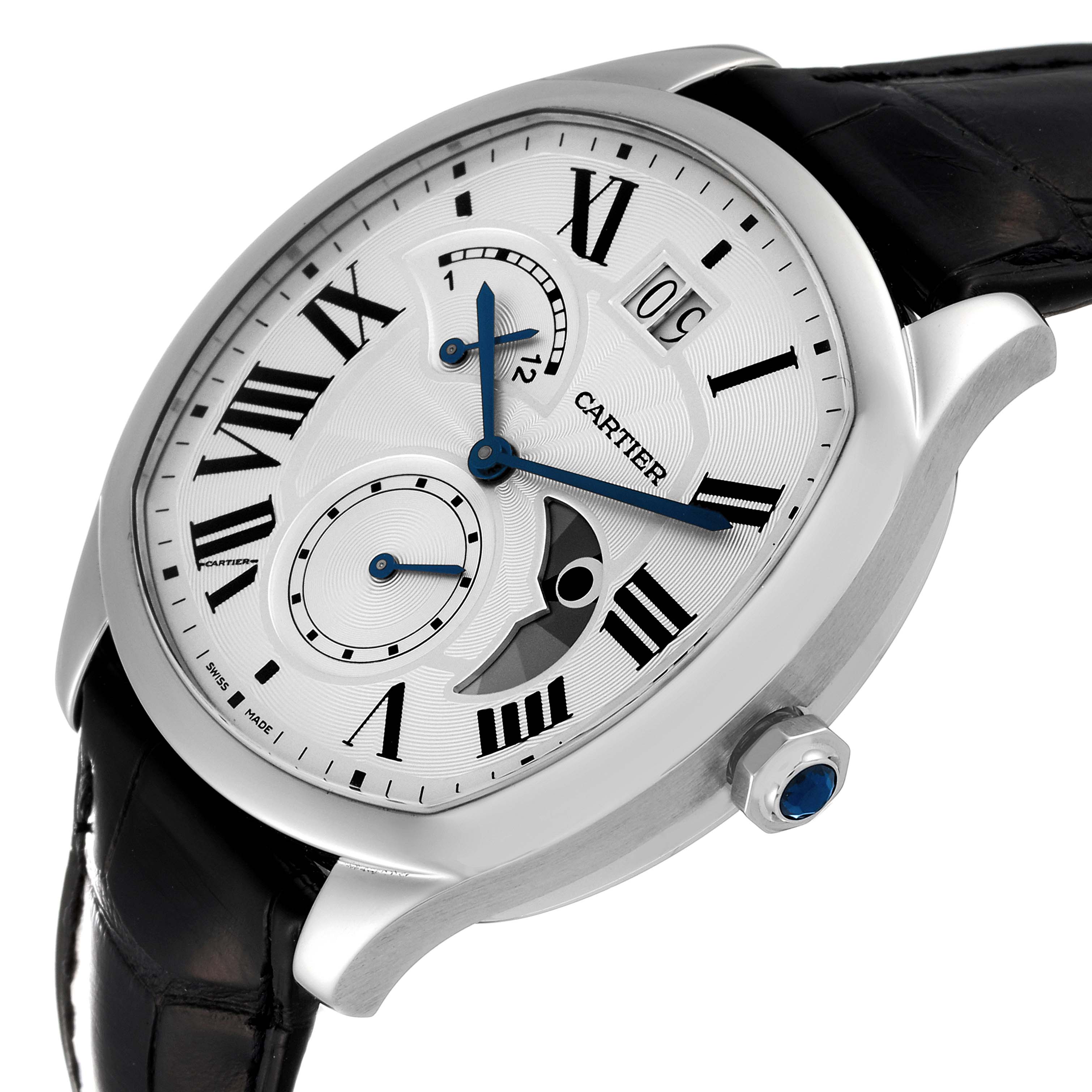 The image shows a side angle of the Drive de Cartier watch by Cartier highlighting the dial, hands, and crown.