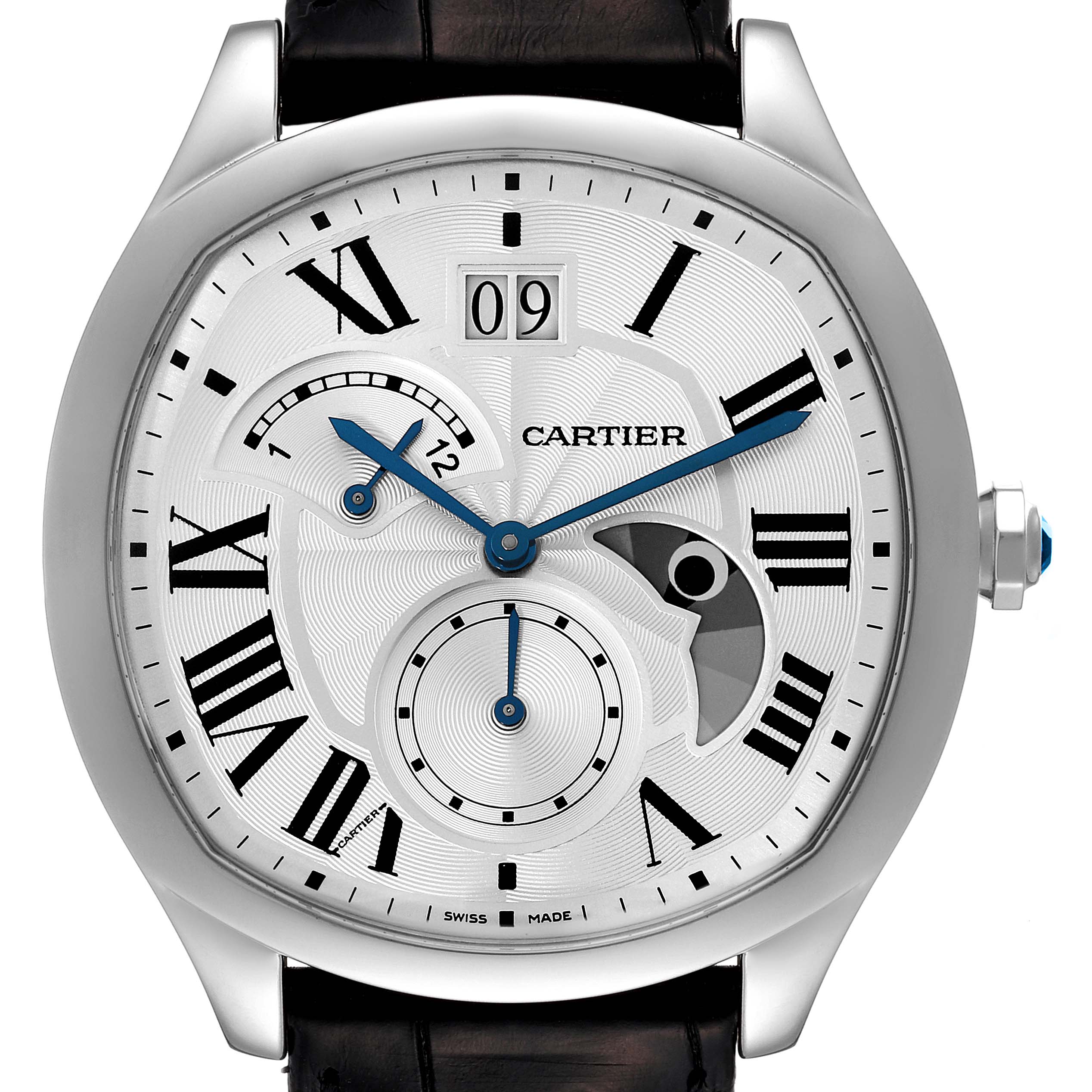 This image shows a front view of a Drive de Cartier watch by Cartier, highlighting the dial, Roman numerals, subdials, and date window.
