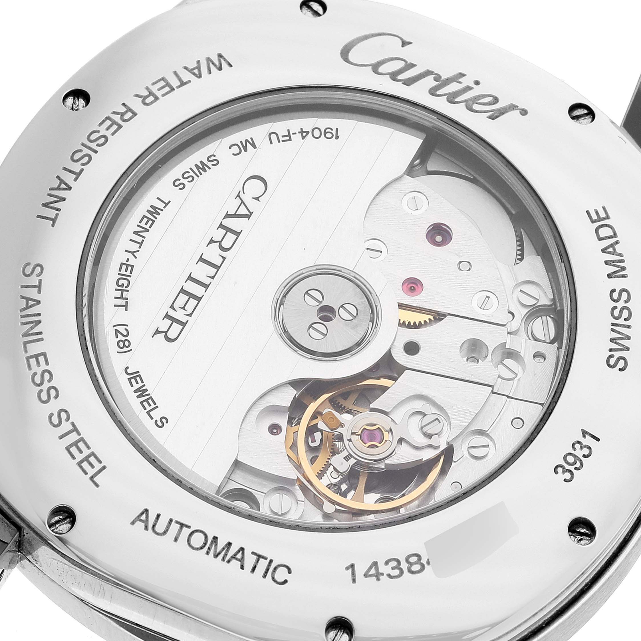 The image shows the back view of the Drive de Cartier watch by Cartier, revealing its automatic movement and internal mechanisms.