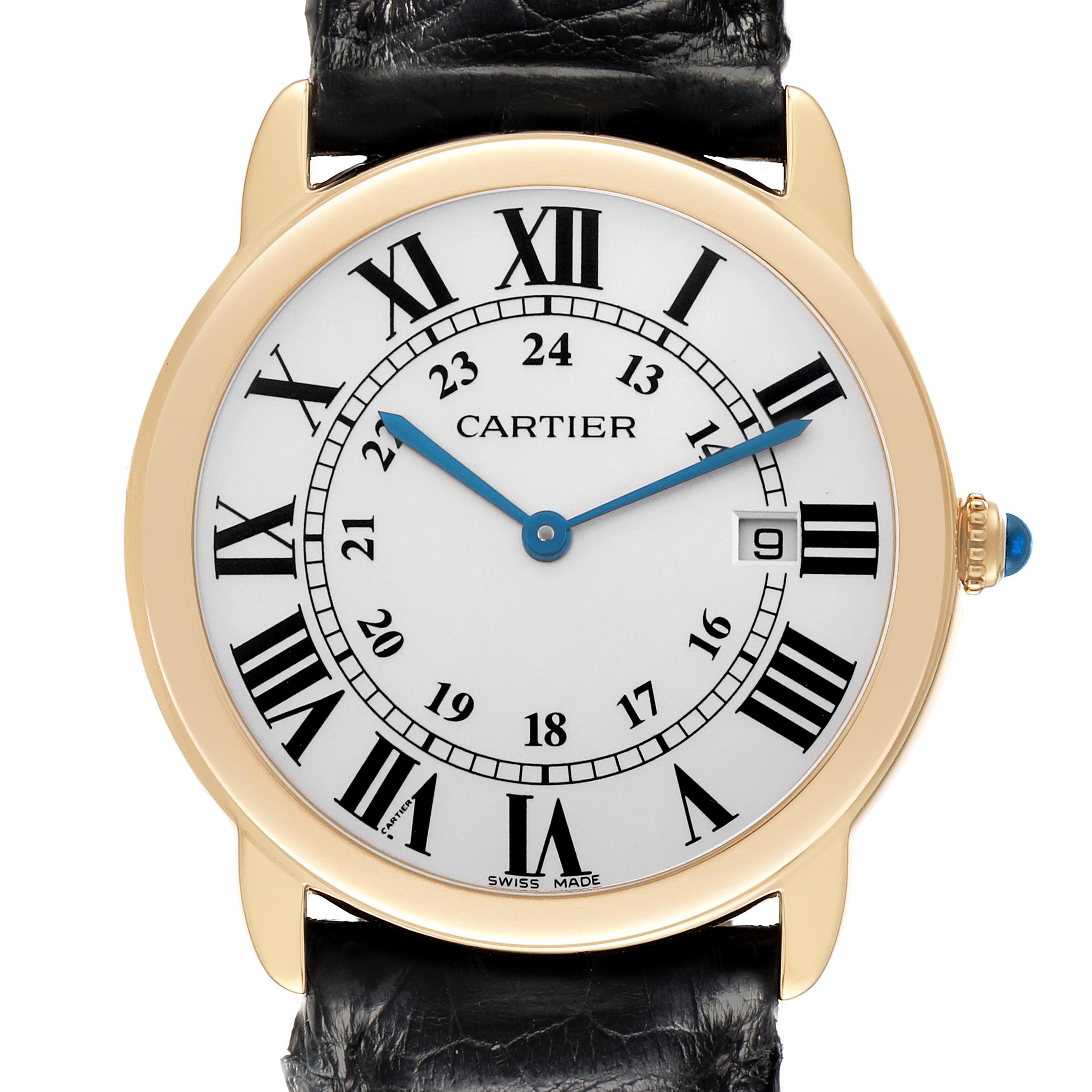 The Cartier Ronde W6700455 Men
s Yellow Gold Silver Dial W6700455 Men
s Yellow Gold Silver Dial watch is shown from a frontal angle, highlighting its face, Roman numerals, hands, and crown.