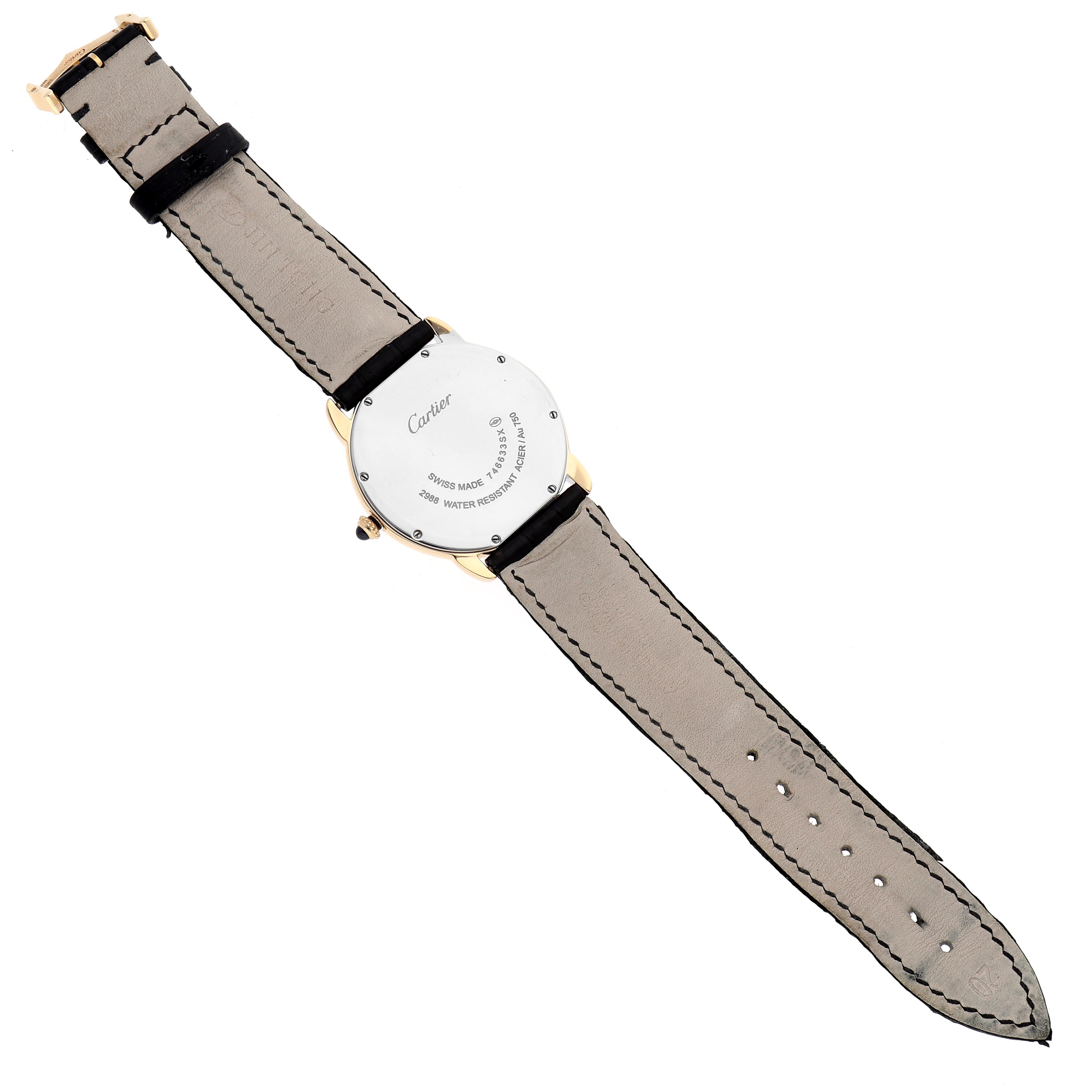 The image shows the back of the Cartier Ronde W6700455 Men
s Yellow Gold Silver Dial W6700455 Men
s Yellow Gold Silver Dial watch, highlighting the strap, clasp, and back casing details.