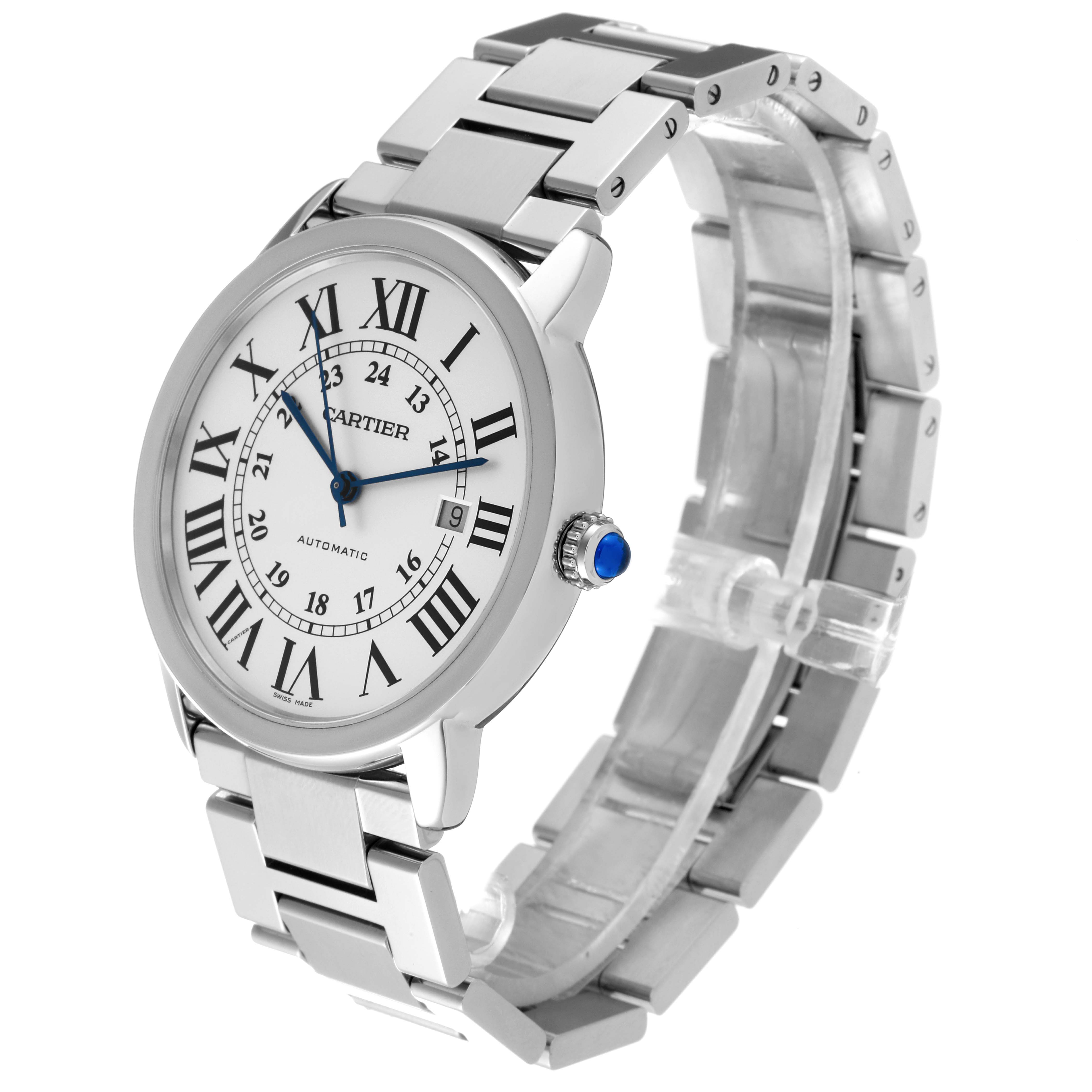 The Cartier Ronde W6701011 Men
s Stainless Steel Silver Dial W6701011 Men
s Stainless Steel Silver Dial watch is shown at a three-quarter angle, displaying the face, crown, and metal bracelet in detail.
