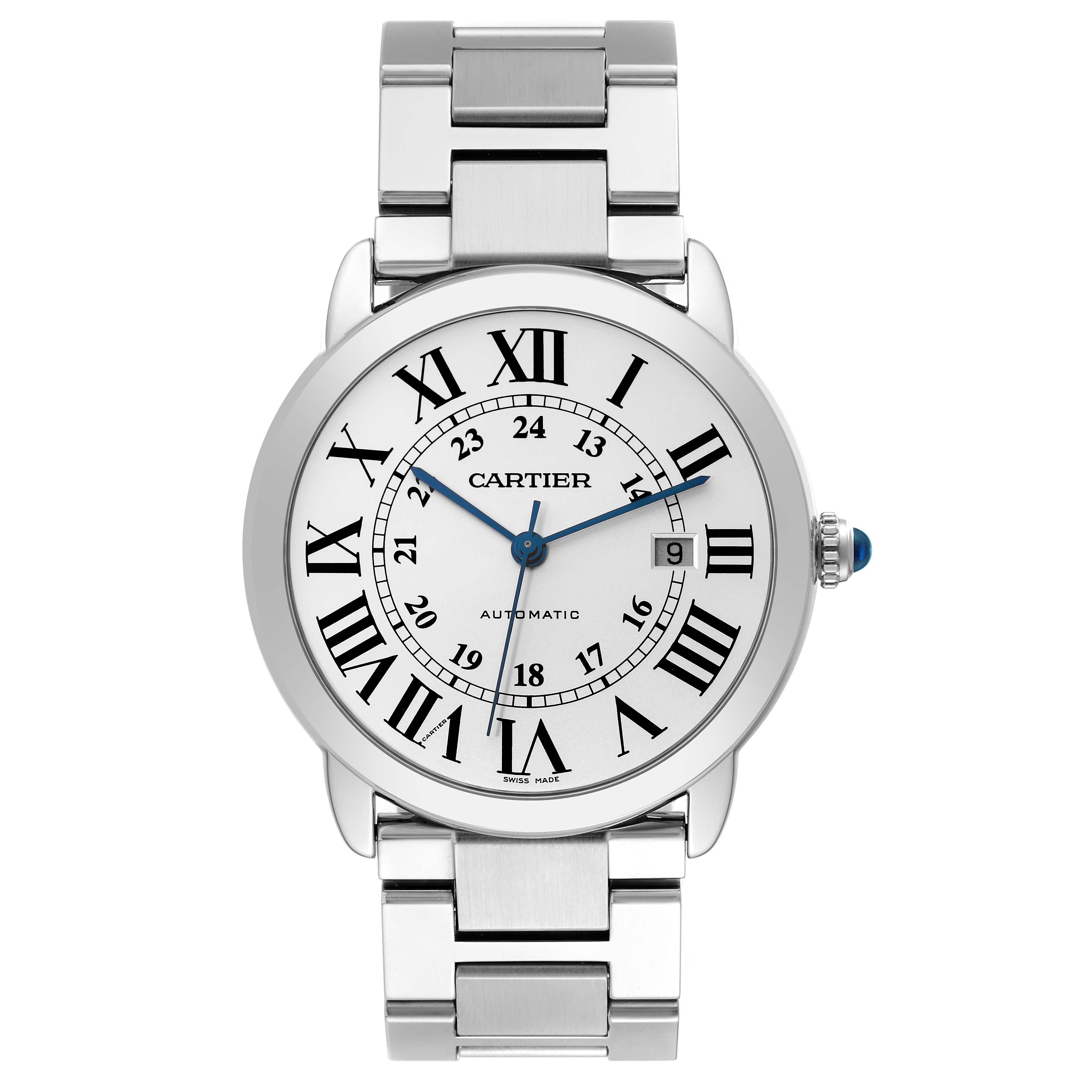This image shows a front view of the Cartier Ronde W6701011 Men
s Stainless Steel Silver Dial W6701011 Men
s Stainless Steel Silver Dial watch, displaying its face, bracelet, and crown.