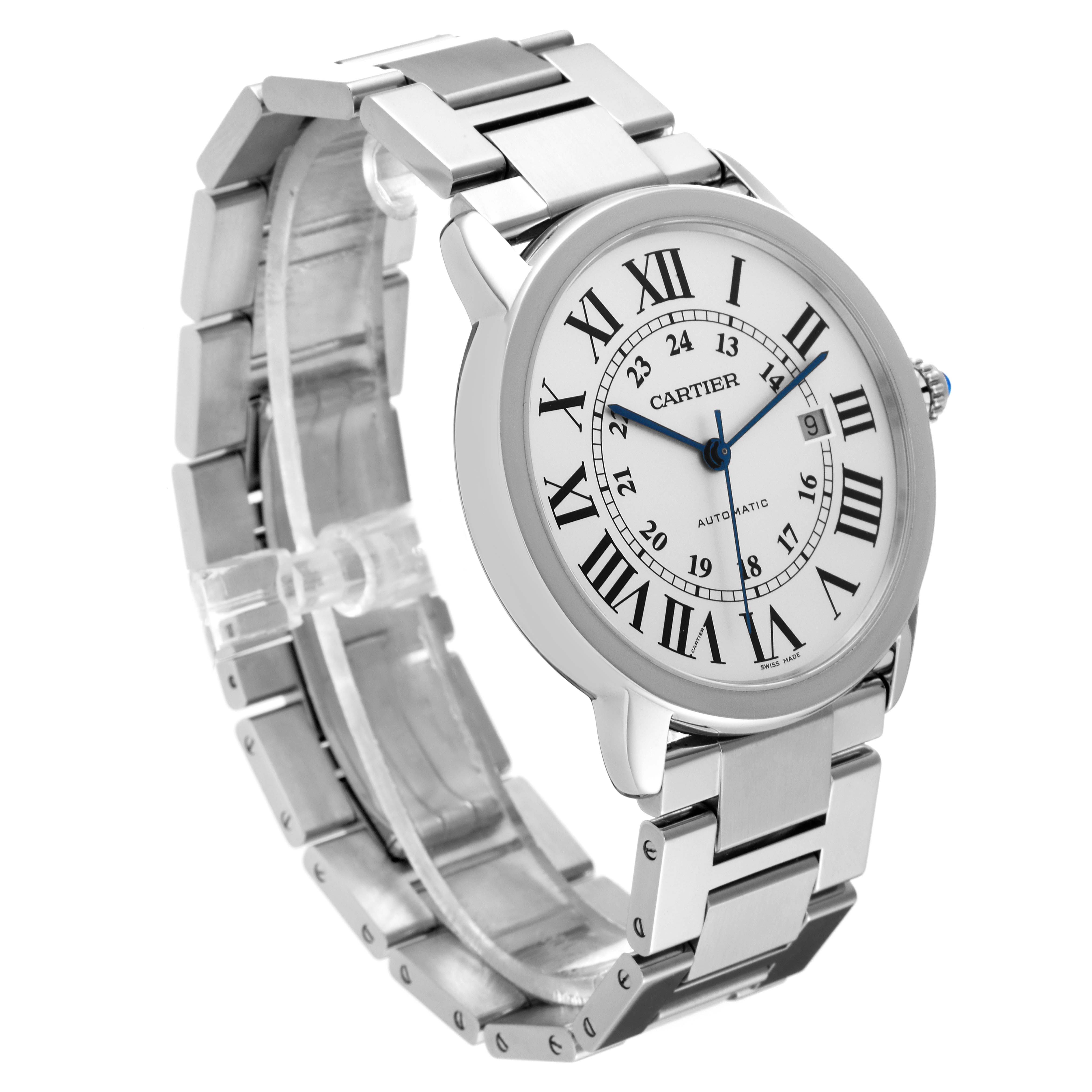 This Cartier Ronde W6701011 Men
s Stainless Steel Silver Dial W6701011 Men
s Stainless Steel Silver Dial watch is viewed from an angled perspective, showcasing its face, case, and metal bracelet.