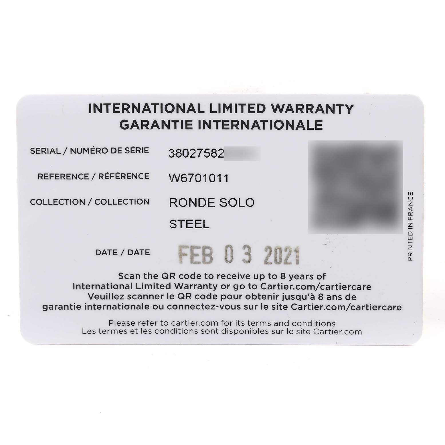 The image shows the international limited warranty card for a Cartier Ronde W6701011 Men
s Stainless Steel Silver Dial W6701011 Men
s Stainless Steel Silver Dial Solo watch, dated February 3, 2021.