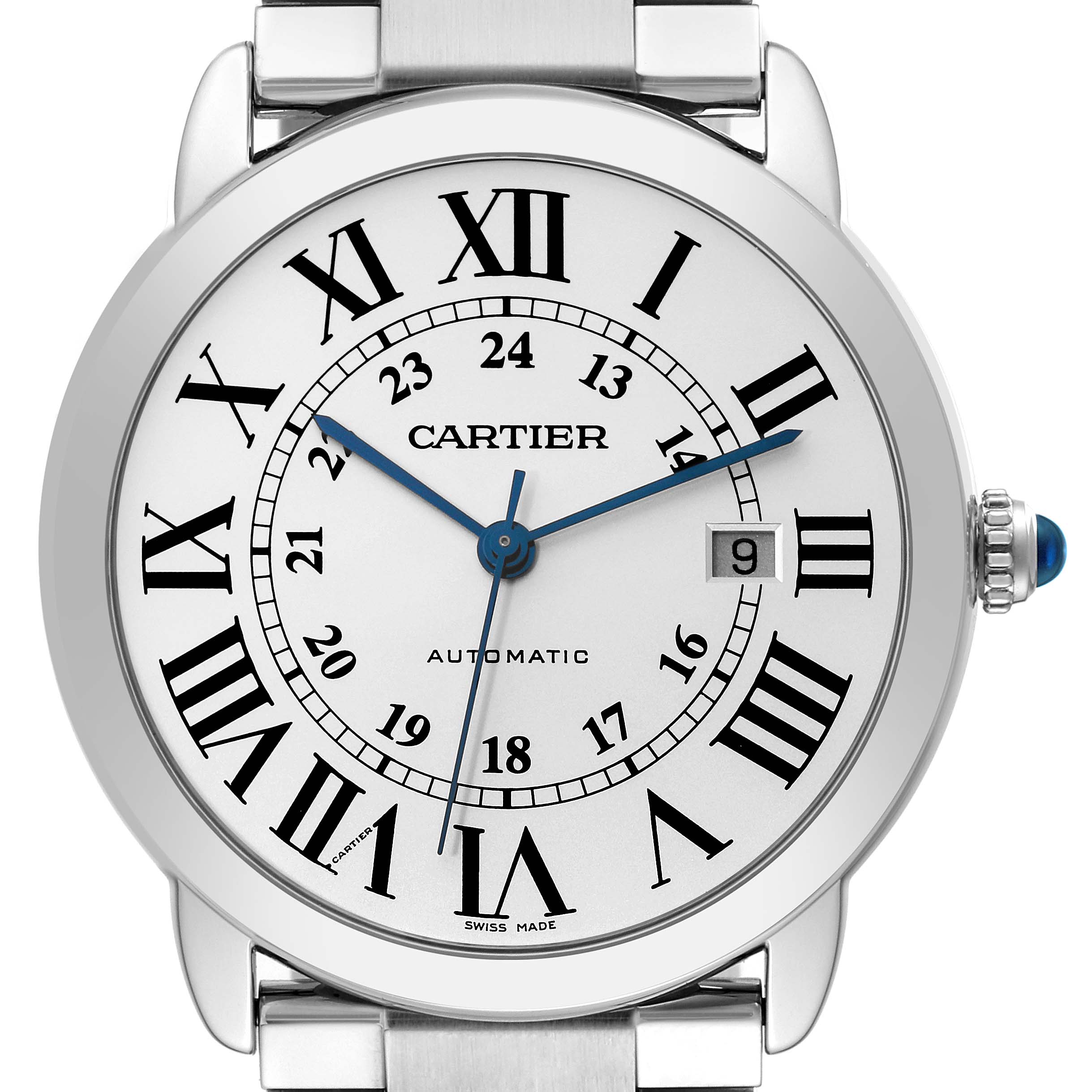 The image shows a front view of the Cartier Ronde W6701011 Men
s Stainless Steel Silver Dial W6701011 Men
s Stainless Steel Silver Dial watch, displaying the dial, hands, and part of the bracelet.