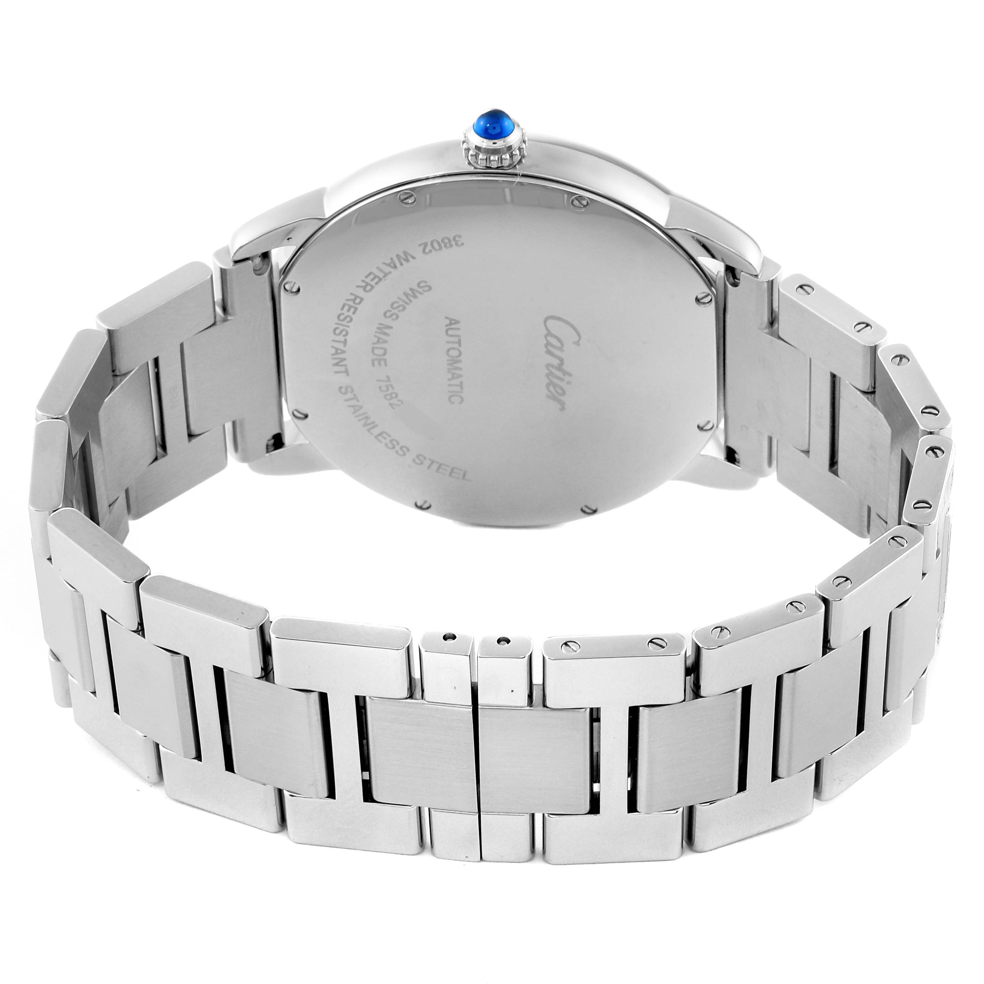 The Cartier Ronde W6701011 Men
s Stainless Steel Silver Dial W6701011 Men
s Stainless Steel Silver Dial model watch is shown from the back, displaying the case back, bracelet, and crown.