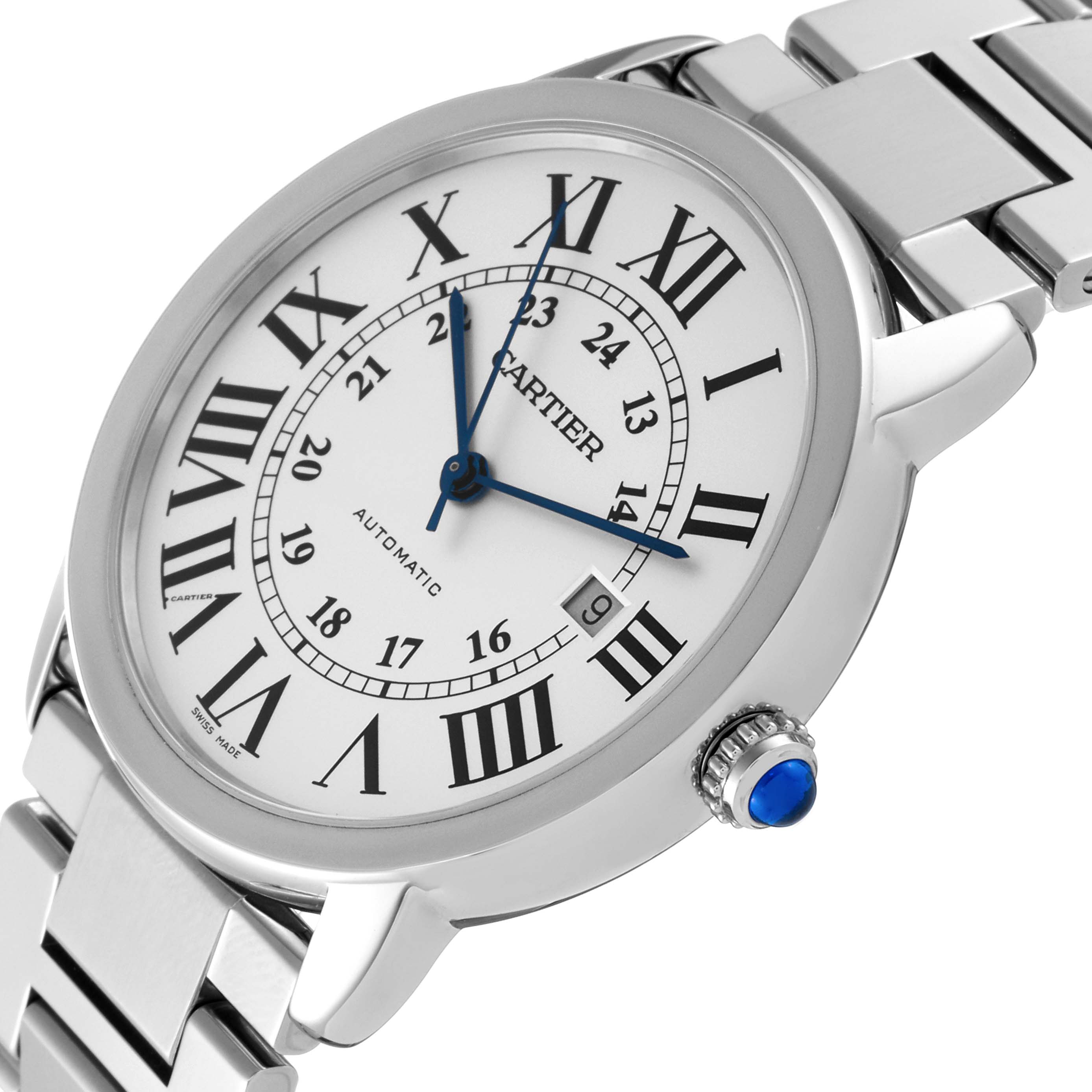 The image shows a Cartier Ronde W6701011 Men
s Stainless Steel Silver Dial W6701011 Men
s Stainless Steel Silver Dial watch at a slight angle, highlighting the dial, Roman numerals, and metallic bracelet.