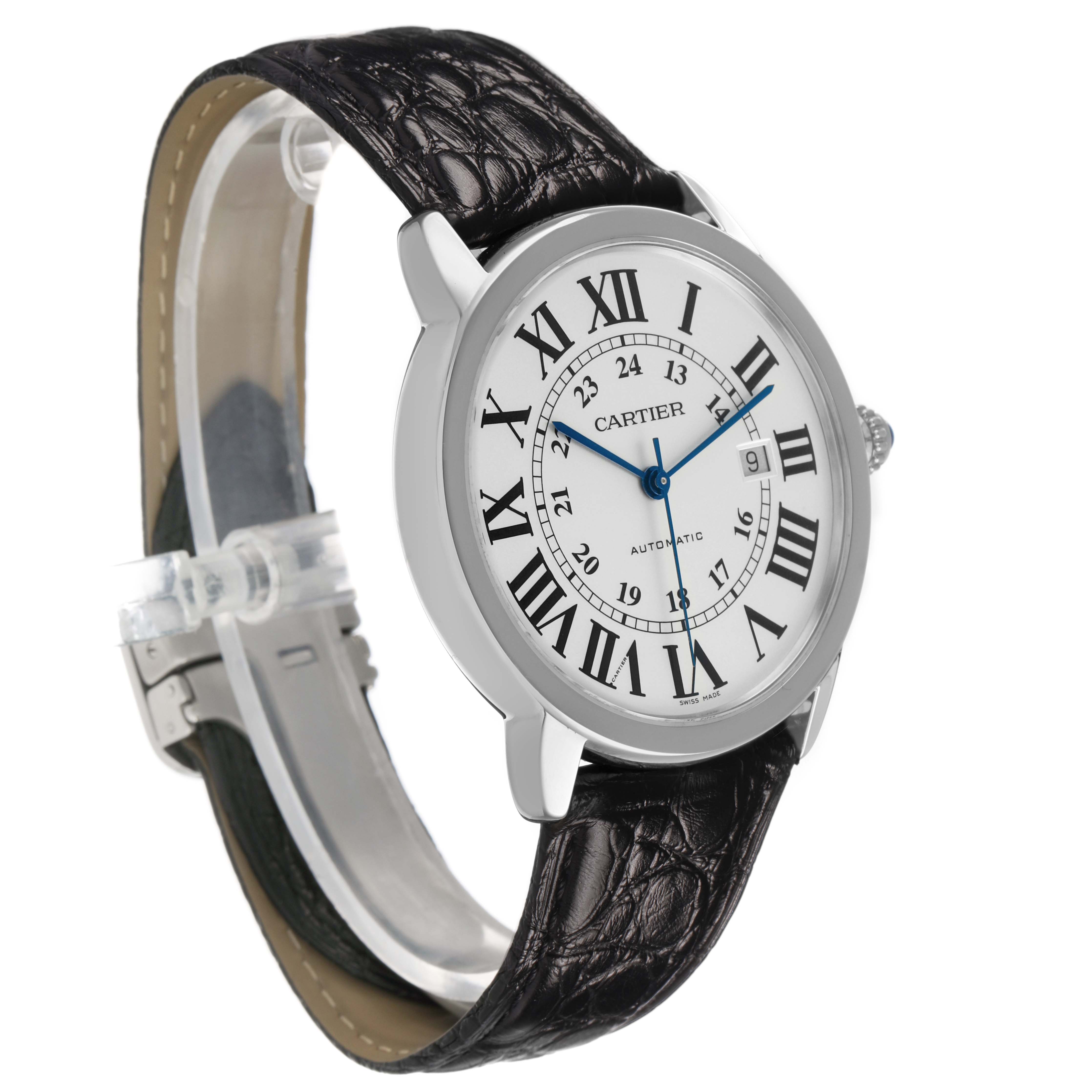 The Cartier Ronde W6701010 Men's Stainless Steel Silver Dial watch is shown at a three-quarter angle, highlighting the dial, strap, and crown.