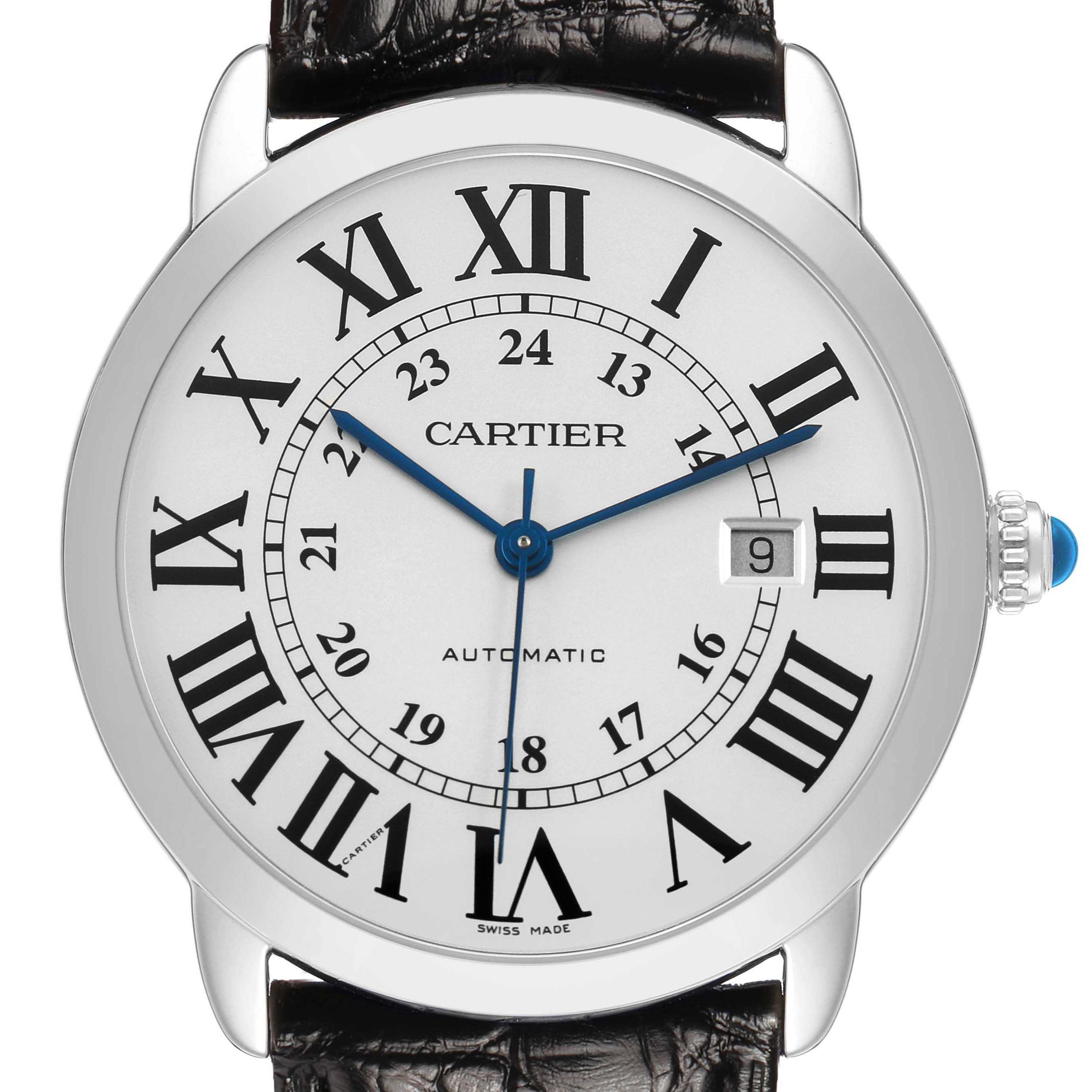 The Cartier Ronde W6701010 Men's Stainless Steel Silver Dial watch is shown from a front angle, displaying its Roman numeral dial, blue hands, and date window.