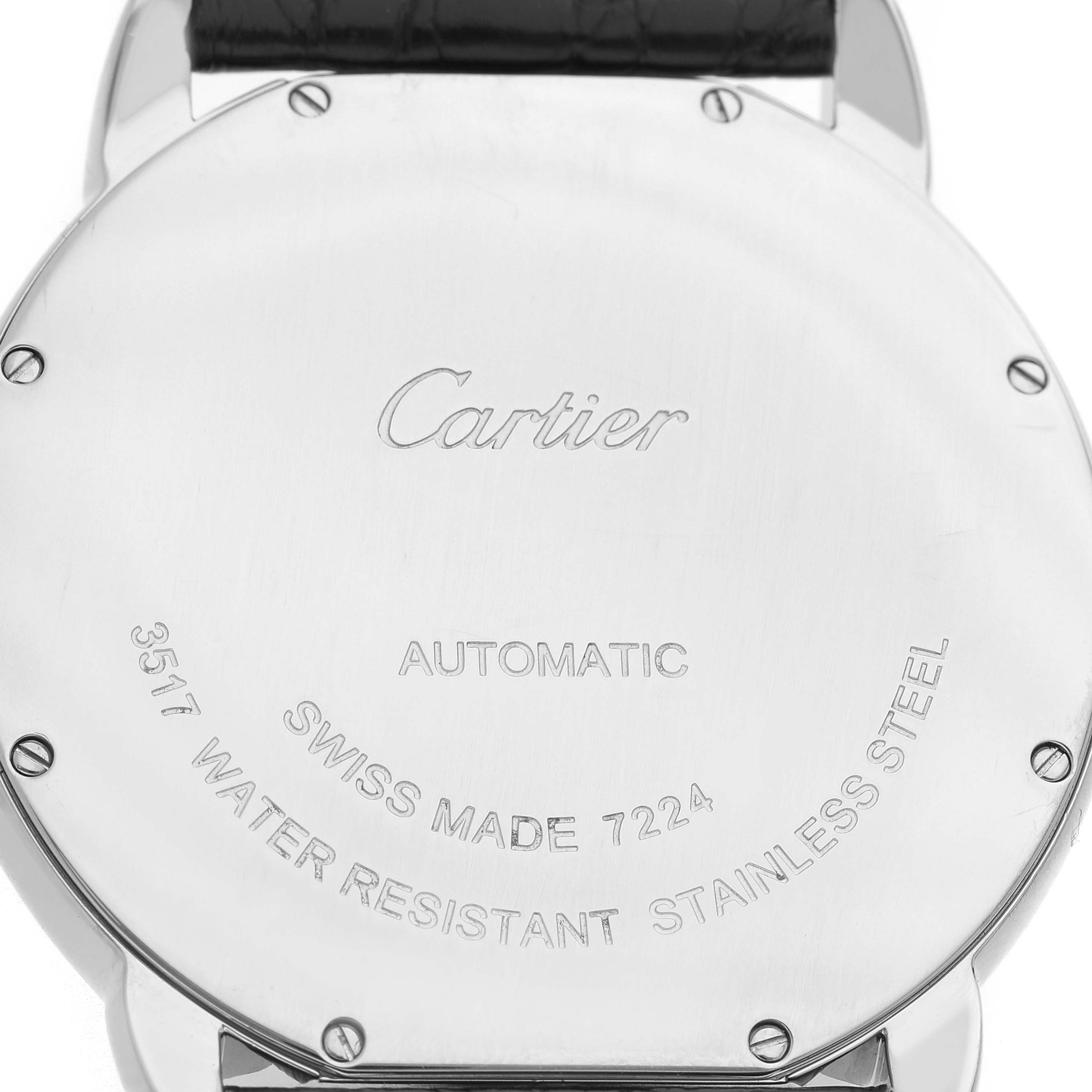 The image shows the back of a Cartier Ronde W6701010 Men's Stainless Steel Silver Dial watch, featuring engraved text and screws.