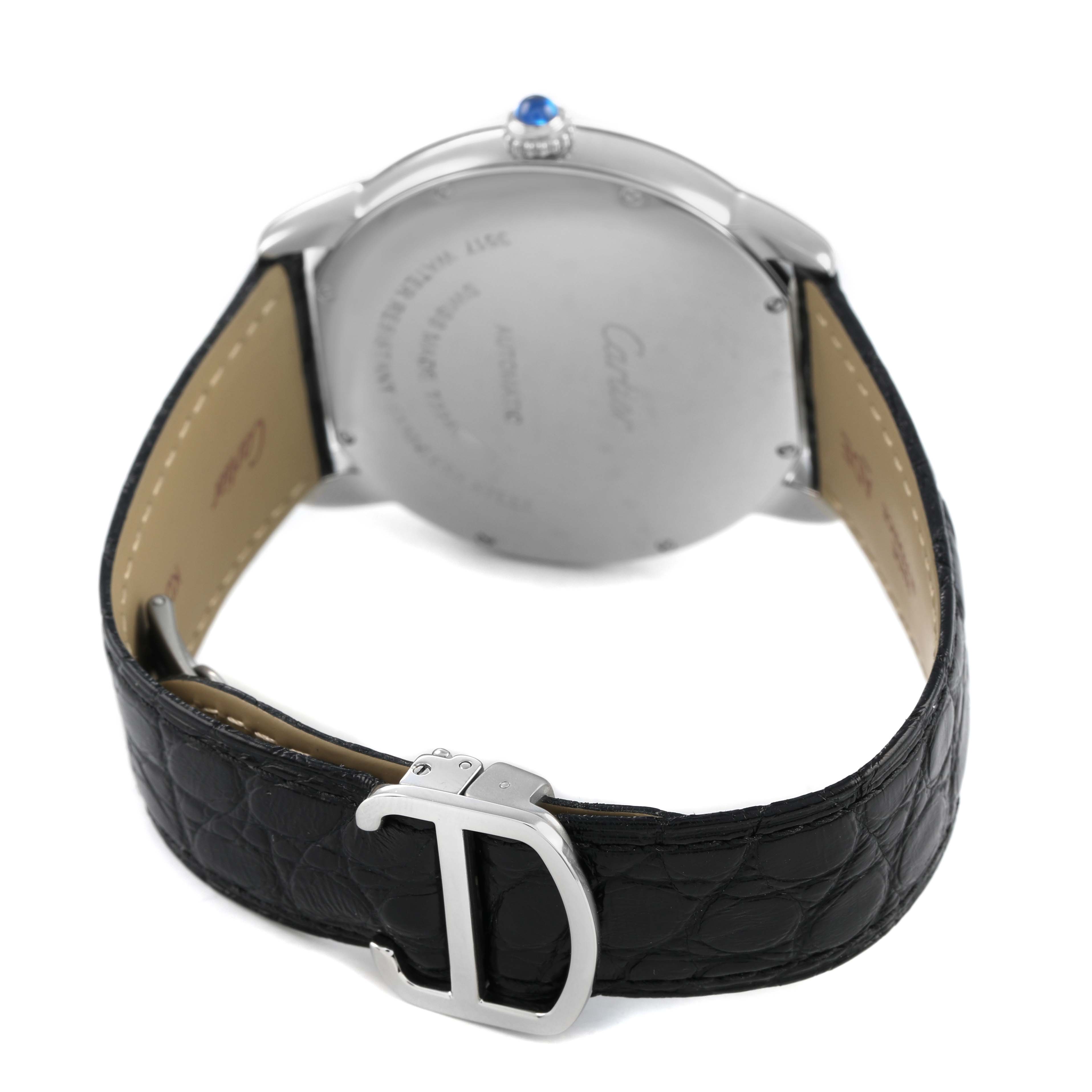 The Cartier Ronde W6701010 Men's Stainless Steel Silver Dial watch is shown from the back, highlighting the clasp, strap, and case back with a sapphire crown.