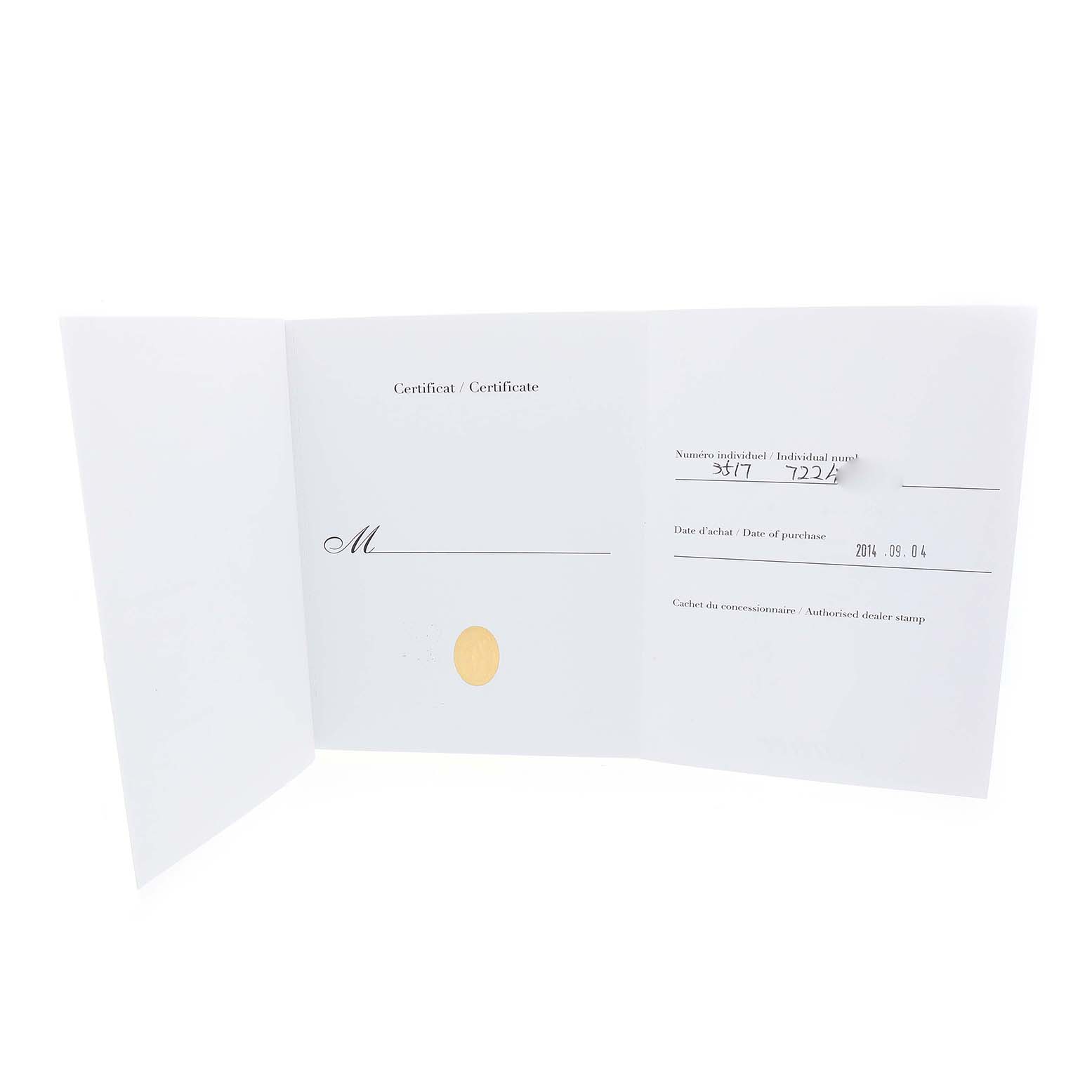 The image shows a certificate for a Ronde model by Cartier, opened to display details.