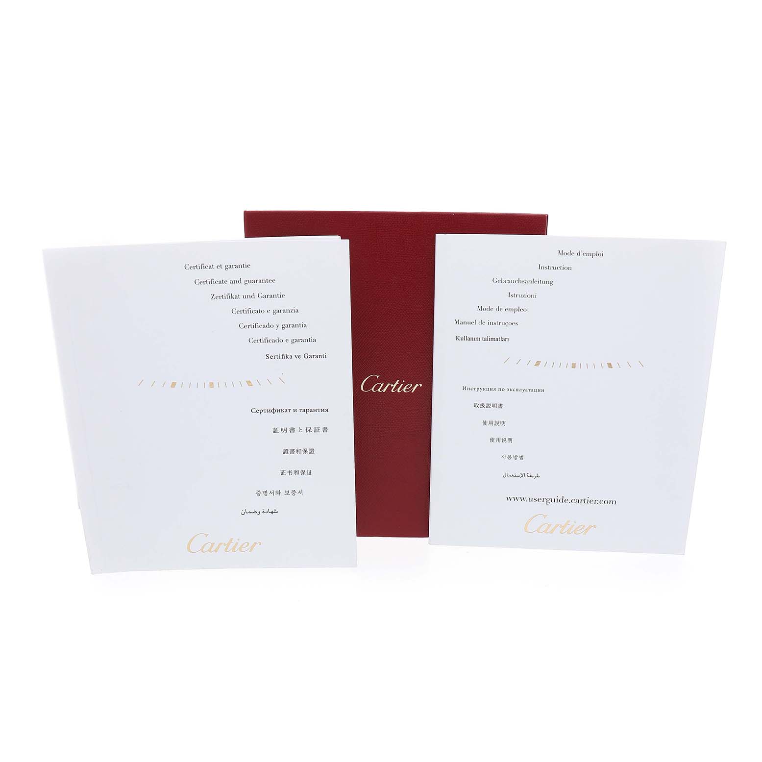 This image shows the documentation for the Cartier Ronde W6701010 Men's Stainless Steel Silver Dial model, including a certificate and instruction booklets.