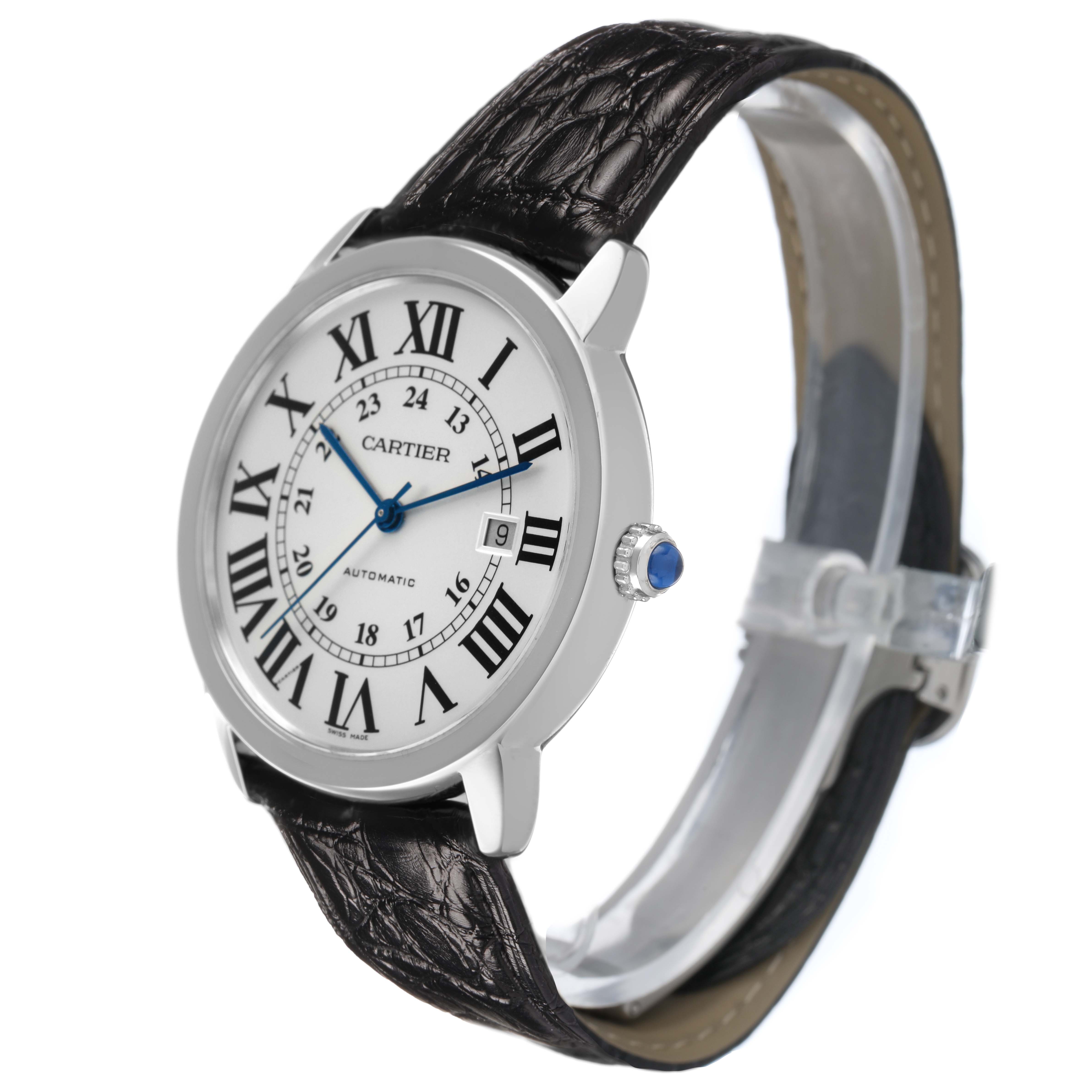 The Cartier Ronde W6701010 Men's Stainless Steel Silver Dial watch is shown at a three-quarter angle, highlighting the dial, Roman numerals, and leather strap.
