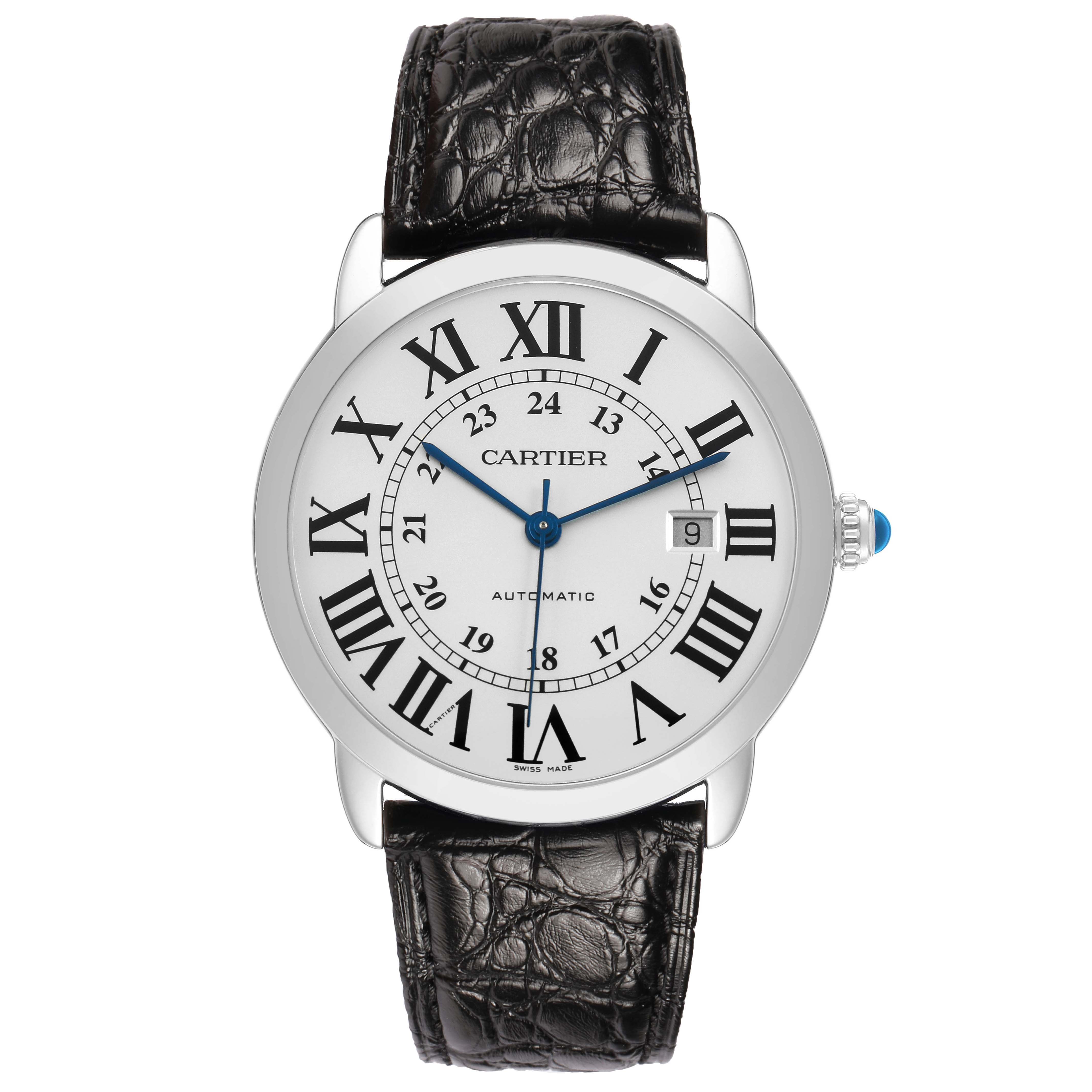 The Cartier Ronde W6701010 Men's Stainless Steel Silver Dial model watch is shown from the front, displaying its face, Roman numerals, date window, and leather strap.