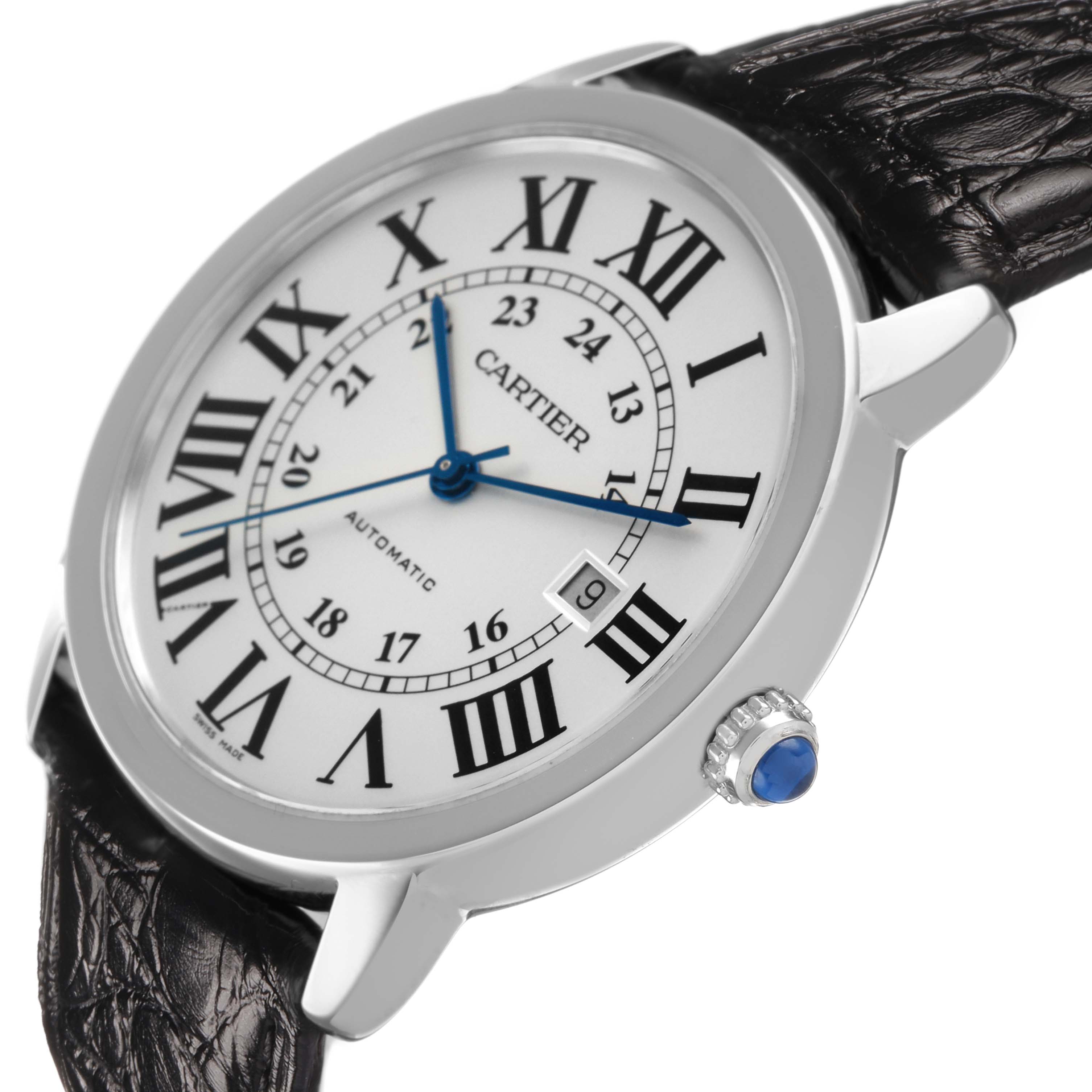 The Cartier Ronde W6701010 Men's Stainless Steel Silver Dial watch is shown at a slight angle, highlighting the face, Roman numerals, blue hands, crown, and leather strap.