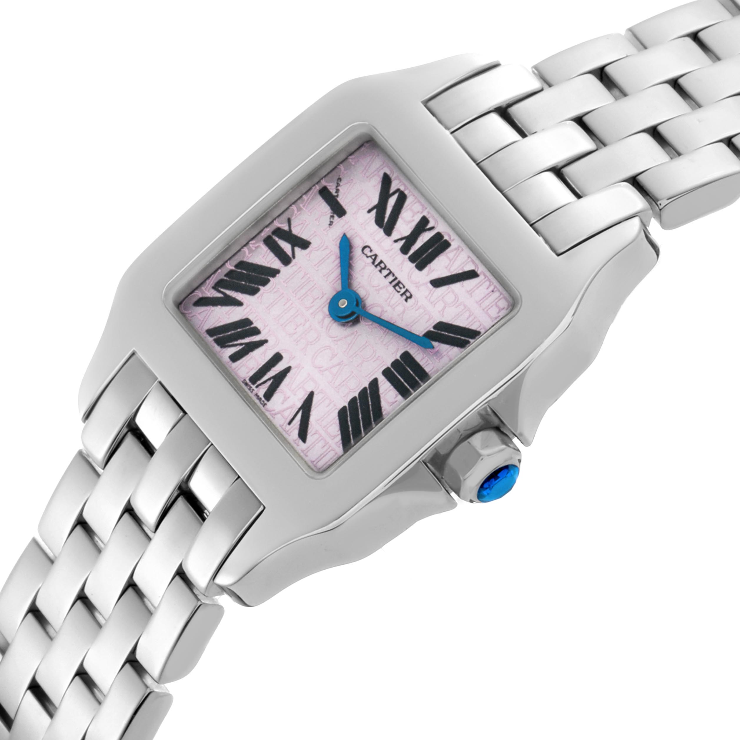 The Cartier Santos Demoiselle W2510002 Women's Stainless Steel Pink Dial W2510002 Women's Stainless Steel Pink Dial watch is shown at an angled view, highlighting the face, Roman numerals, bezel, and part of the bracelet.