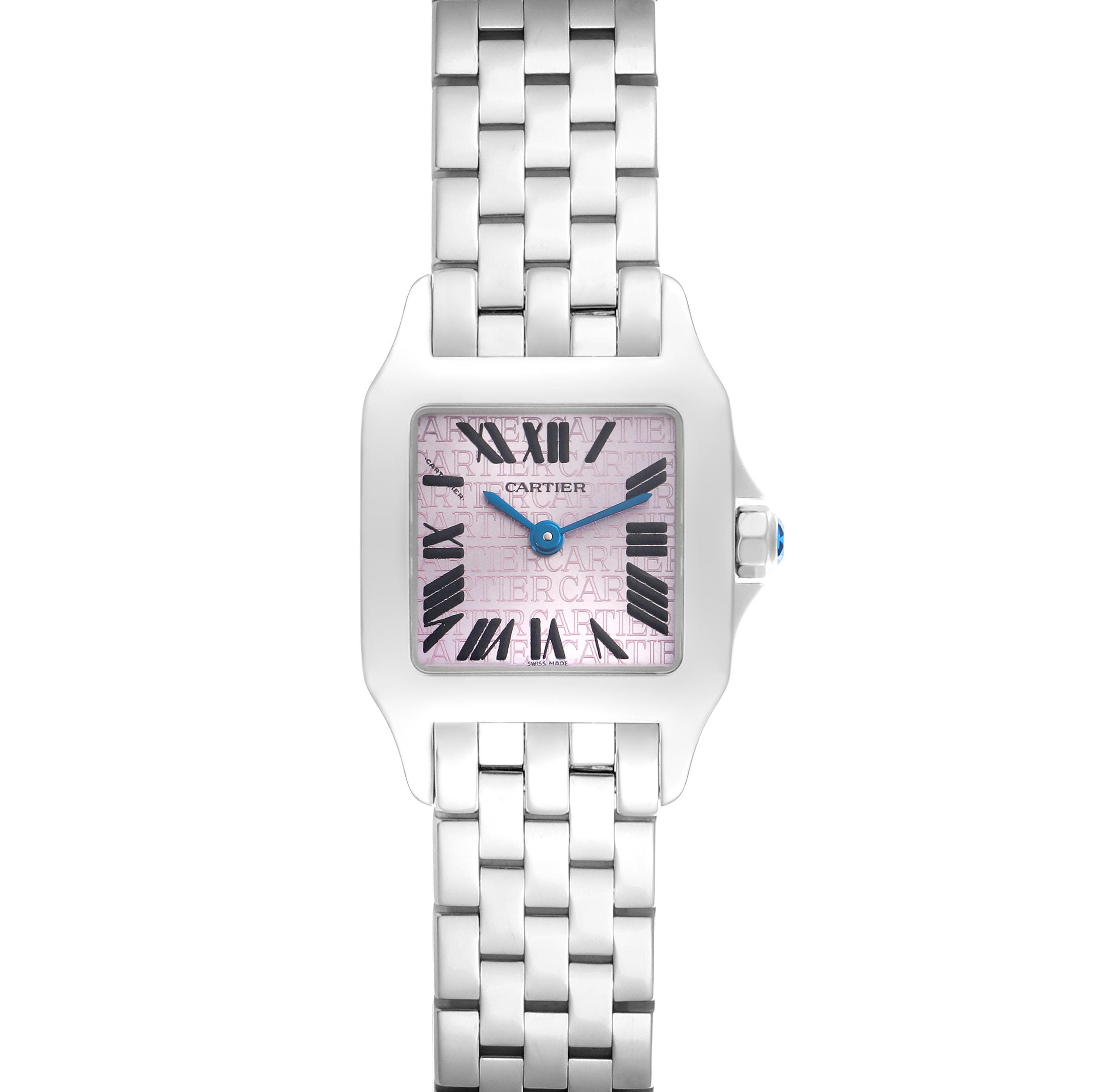 The Cartier Santos Demoiselle W2510002 Women's Stainless Steel Pink Dial W2510002 Women's Stainless Steel Pink Dial watch is shown from the front, displaying its dial, bezel, and part of the bracelet.