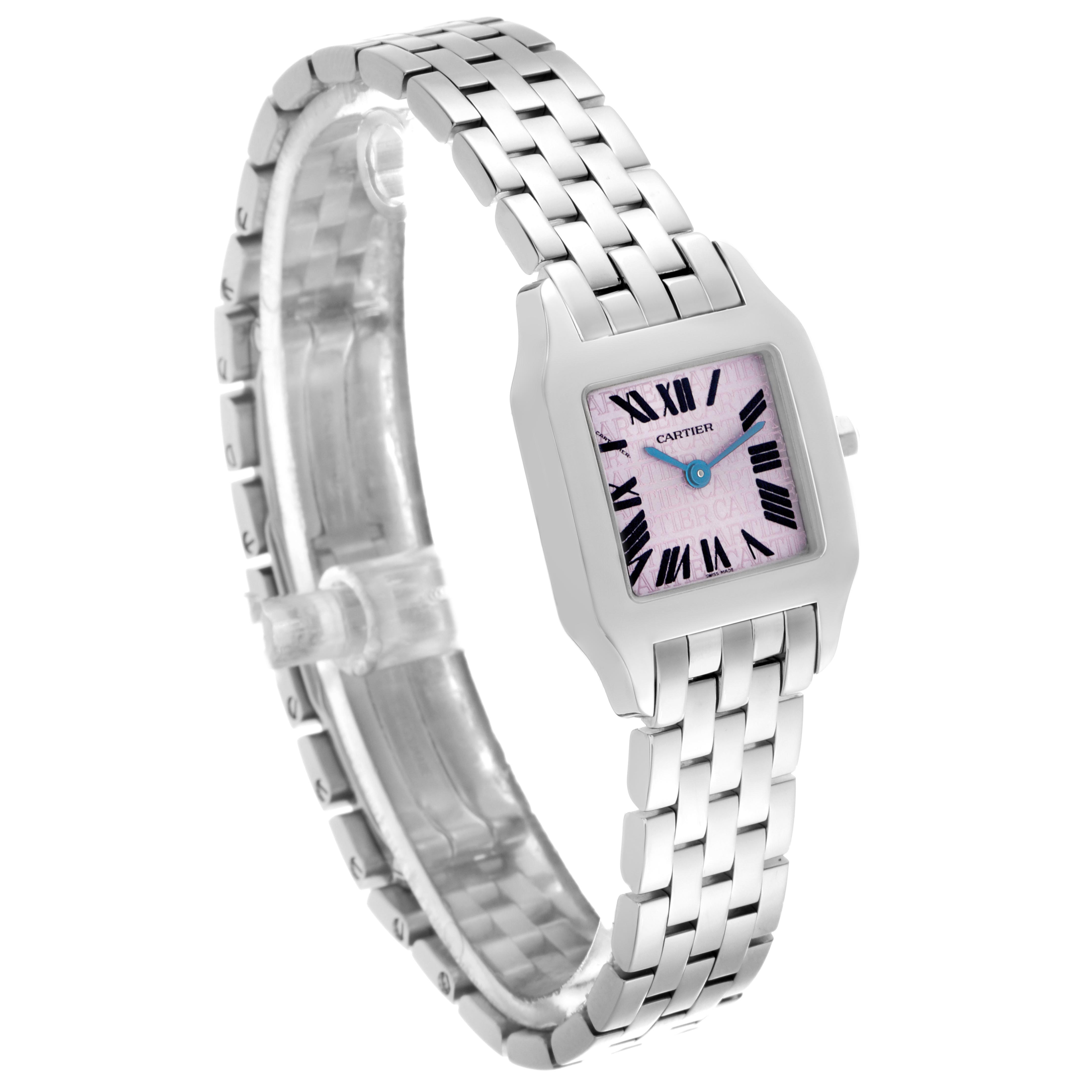 The Cartier Santos Demoiselle W2510002 Women's Stainless Steel Pink Dial W2510002 Women's Stainless Steel Pink Dial watch is shown at a three-quarter angle, highlighting its face, bezel, and metal bracelet.