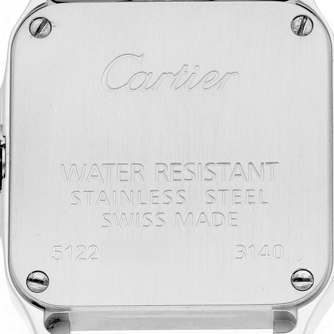 The image shows the back of a Cartier Santos Demoiselle W2510002 Women's Stainless Steel Pink Dial W2510002 Women's Stainless Steel Pink Dial watch with engraved details.