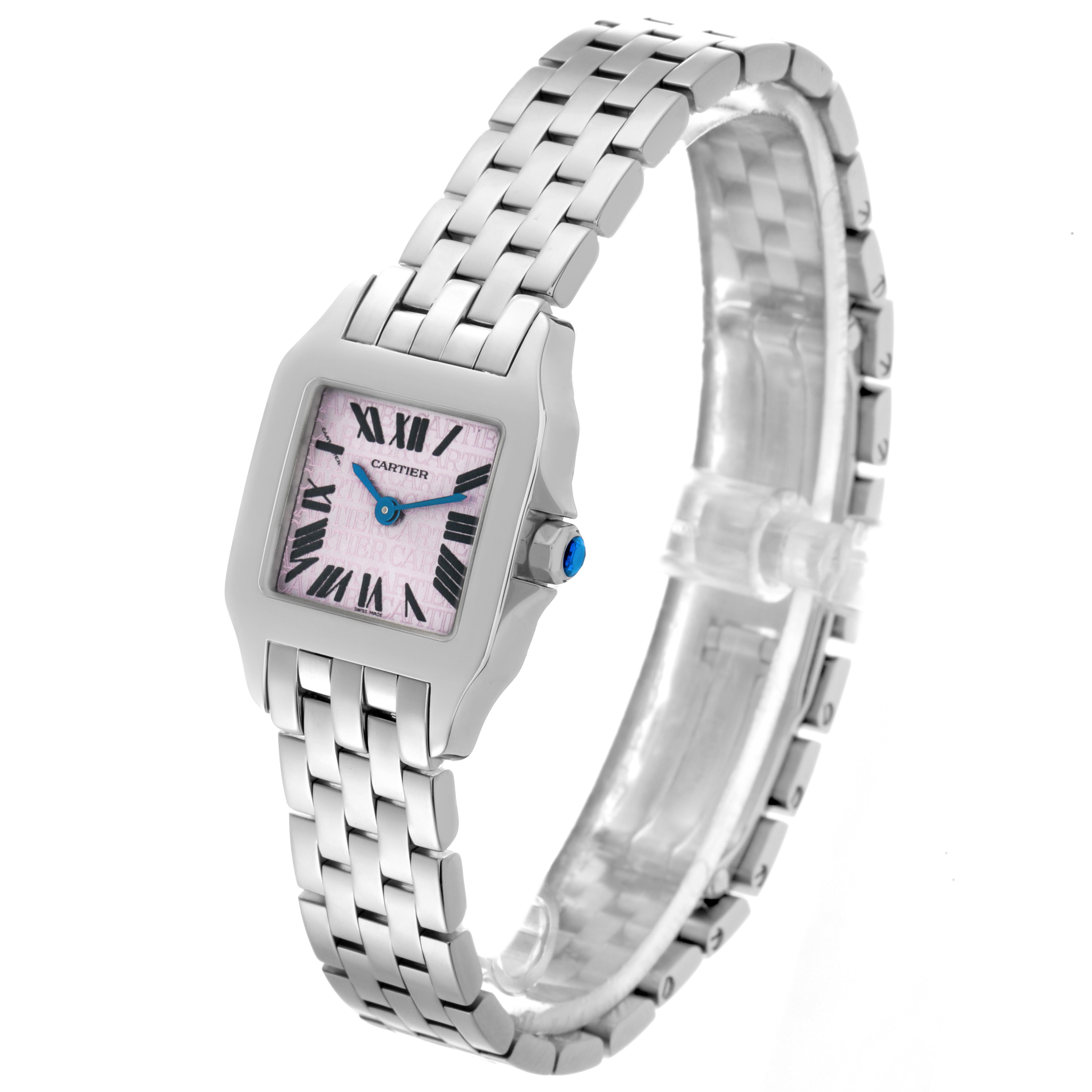 The Cartier Santos Demoiselle W2510002 Women's Stainless Steel Pink Dial W2510002 Women's Stainless Steel Pink Dial watch is shown at an angled view, highlighting the face, bracelet, and crown.