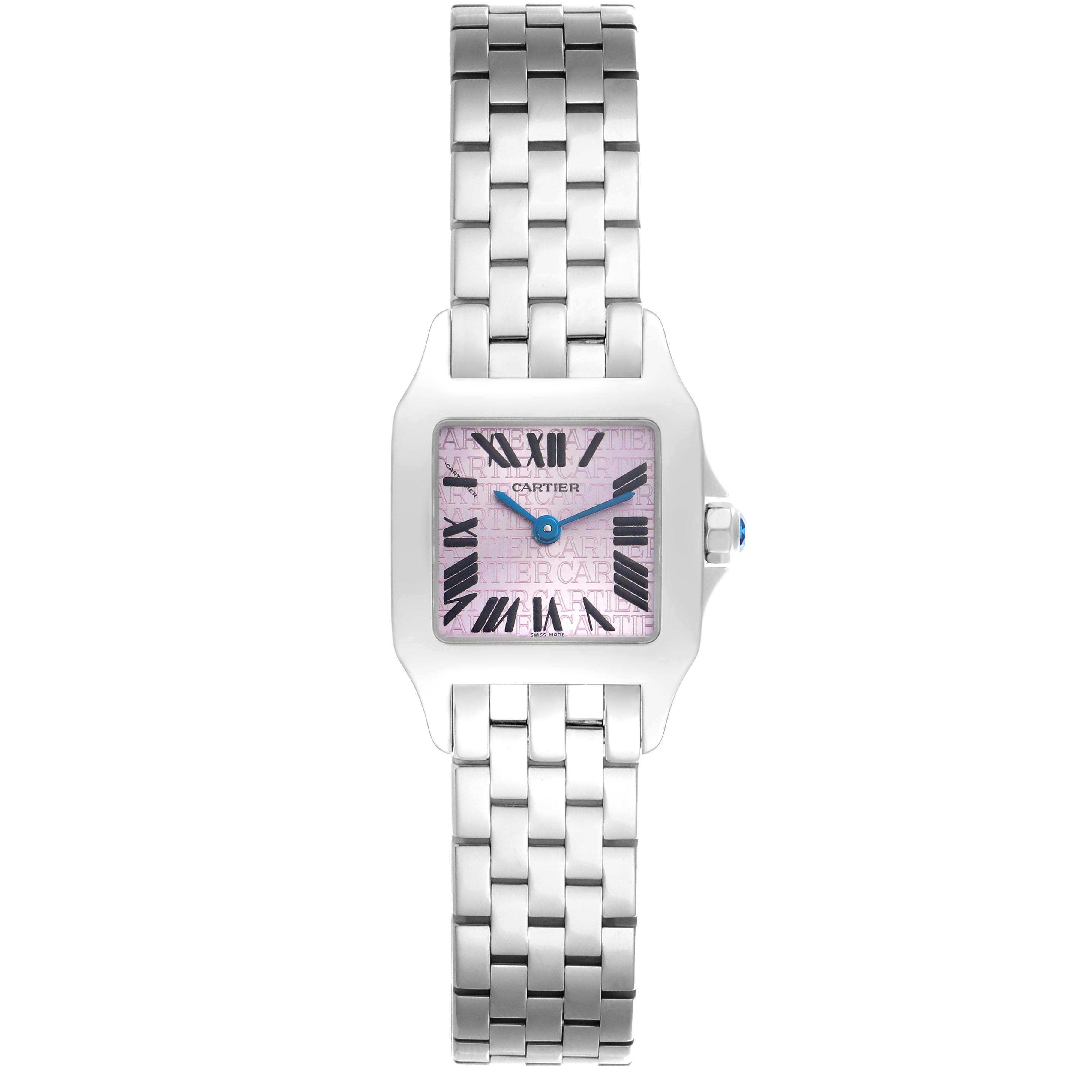 The Cartier Santos Demoiselle W2510002 Women's Stainless Steel Pink Dial W2510002 Women's Stainless Steel Pink Dial watch is shown from a top-down view, displaying its face, bracelet, and crown.