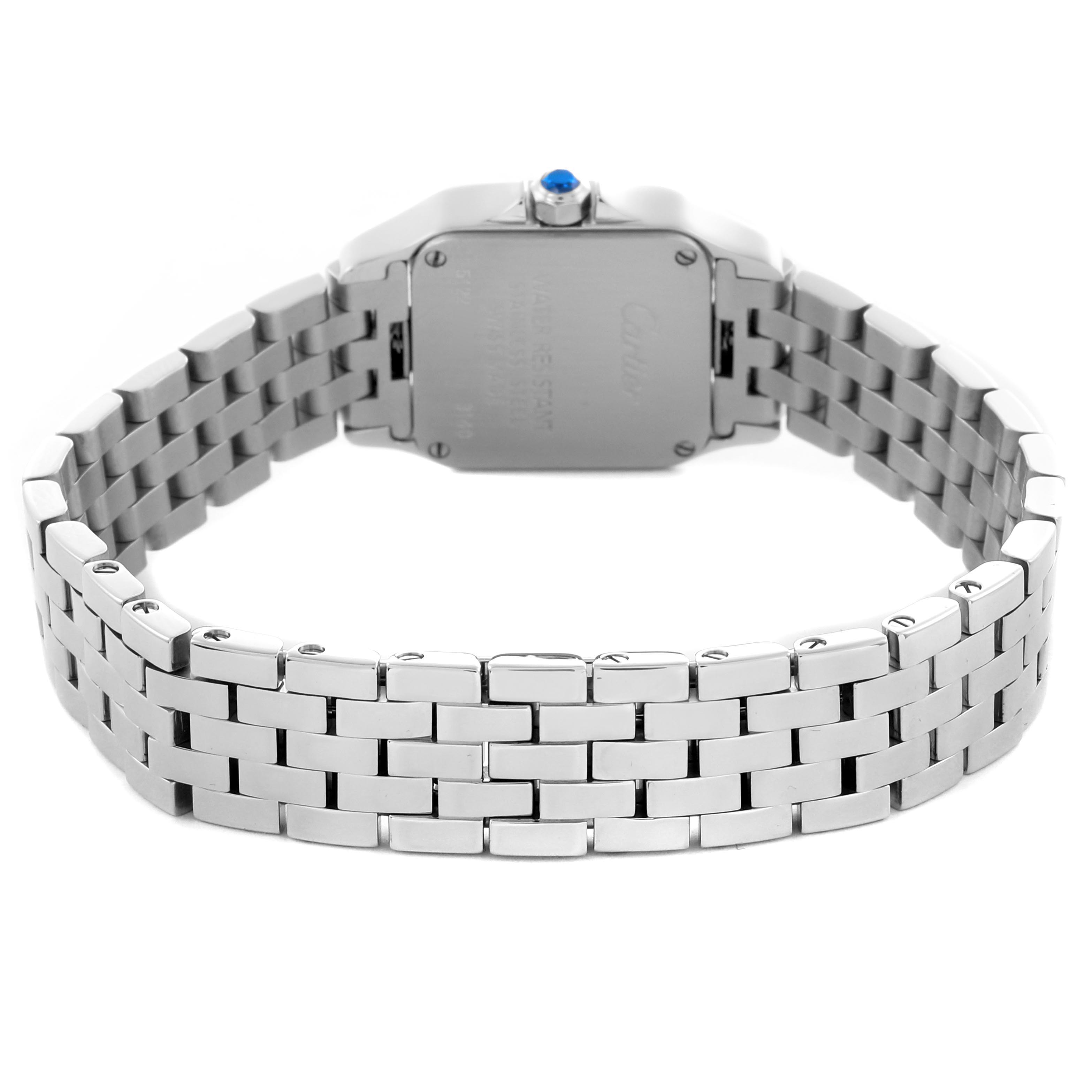 The Cartier Santos Demoiselle W2510002 Women's Stainless Steel Pink Dial W2510002 Women's Stainless Steel Pink Dial watch is shown from the back, highlighting its metal bracelet and case back.